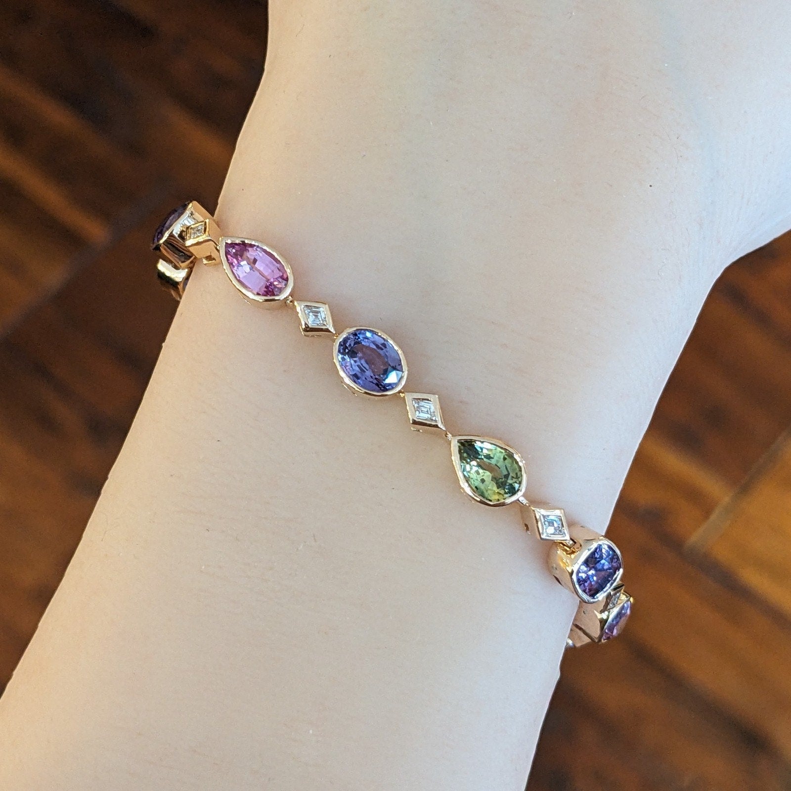 No Heat Multicolor Sapphire & Diamond Bracelet in 14k Rose Gold