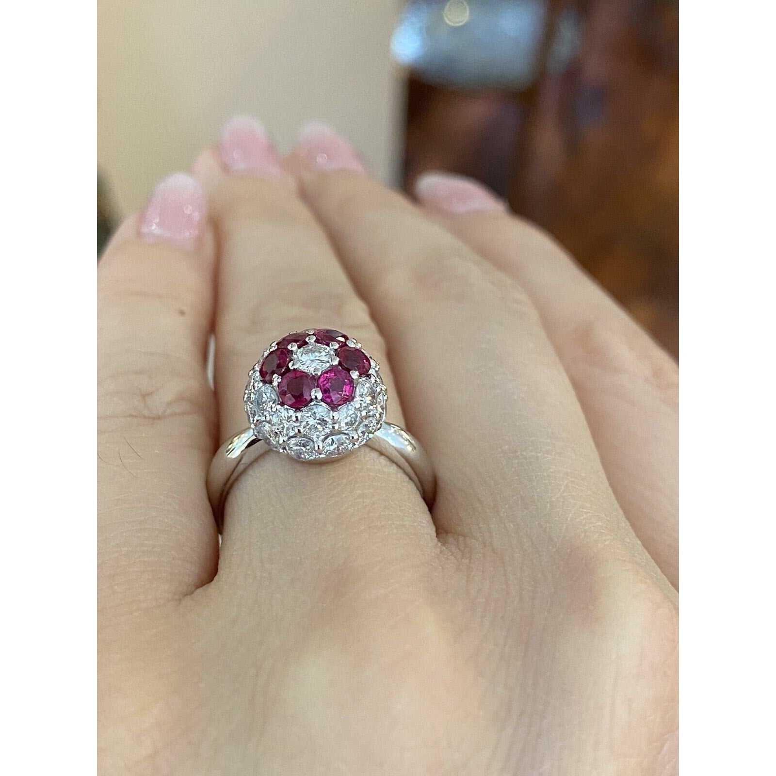 Diamond and Ruby Pave Flower Ball Ring in Platinum