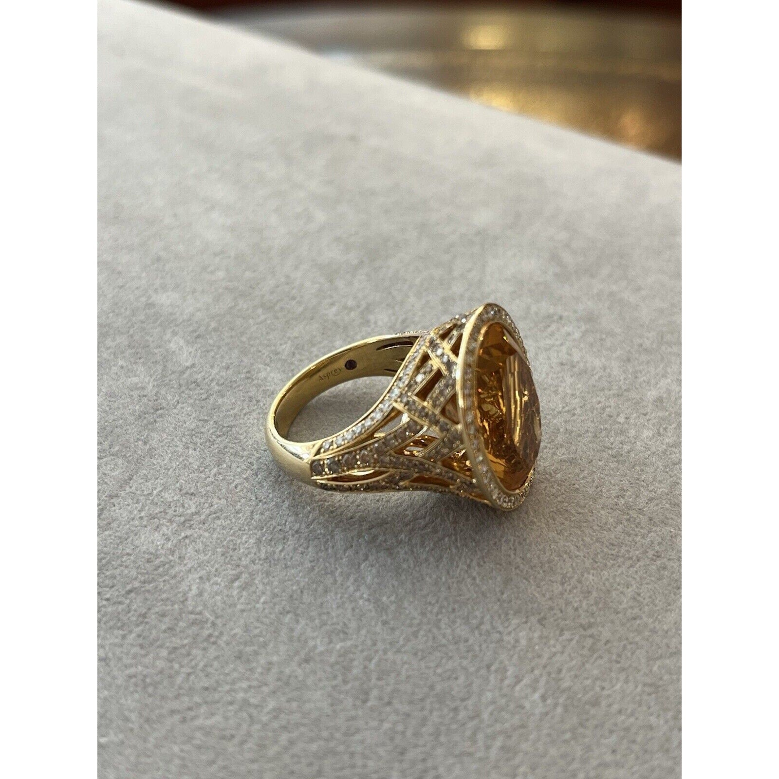 Asprey Large Citrine and Diamond Ring in 18k Yellow Gold