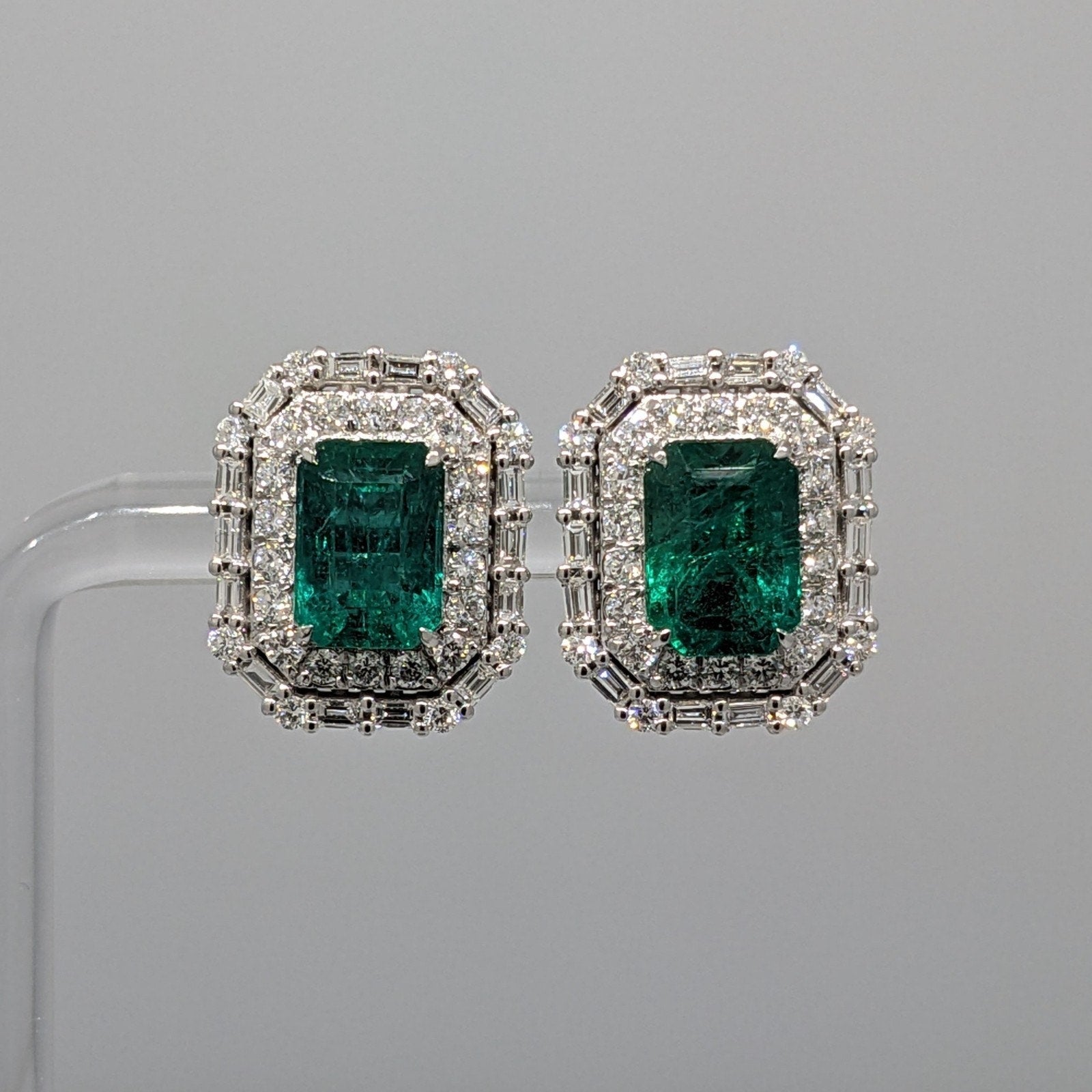 GIA 4.42 ct Emerald Double Halo Diamond Earrings in 18k White Gold
