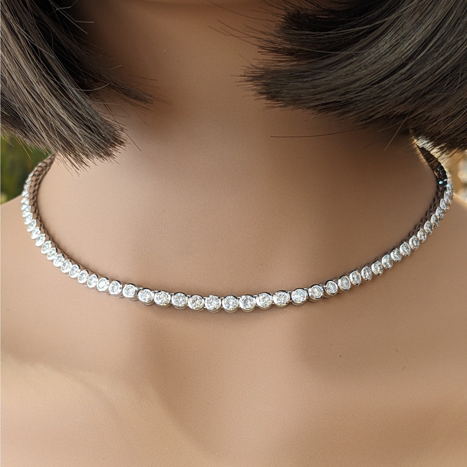 10.00 cttw Bezel-Set Natural Diamond Tennis Necklace in Platinum 16 in
