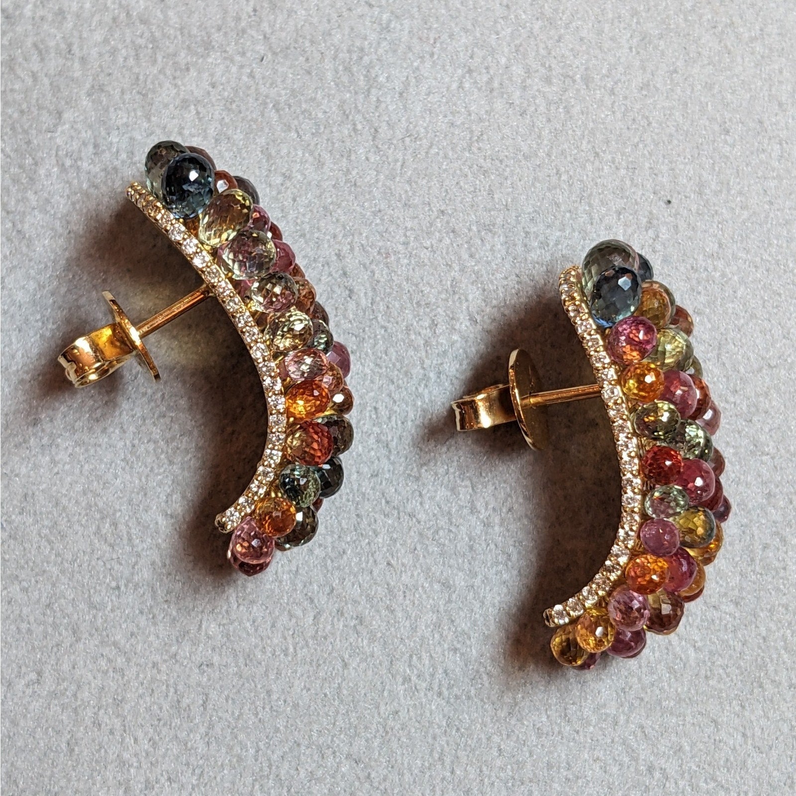 Multicolor Sapphire Briolette and Diamond Earrings in 18k Yellow Gold