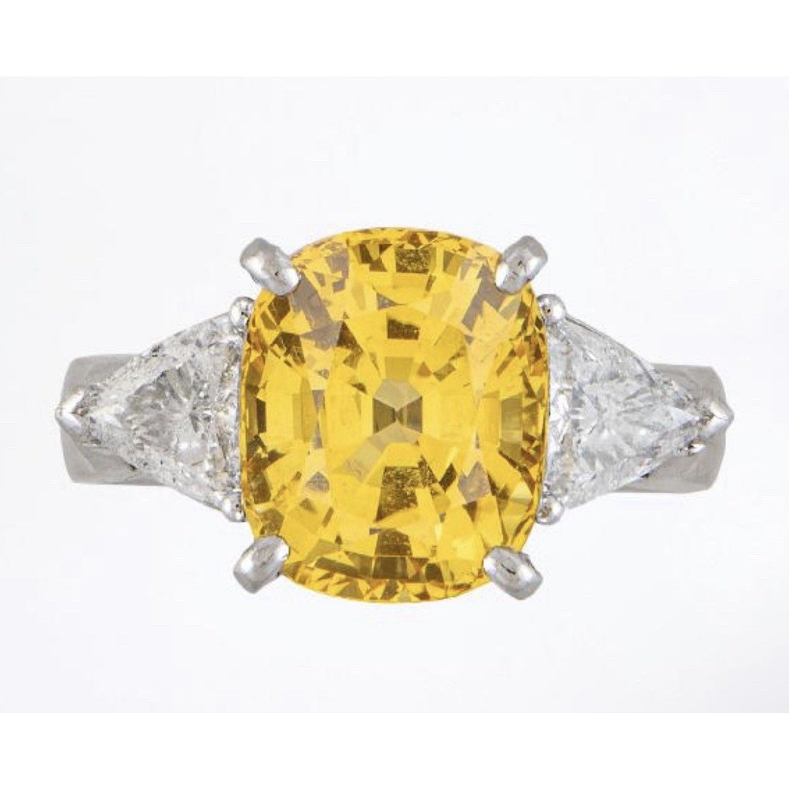 GIA 6.50cts Cushion Yellow Sapphire & Diamond 3-Stone Ring in Platinum