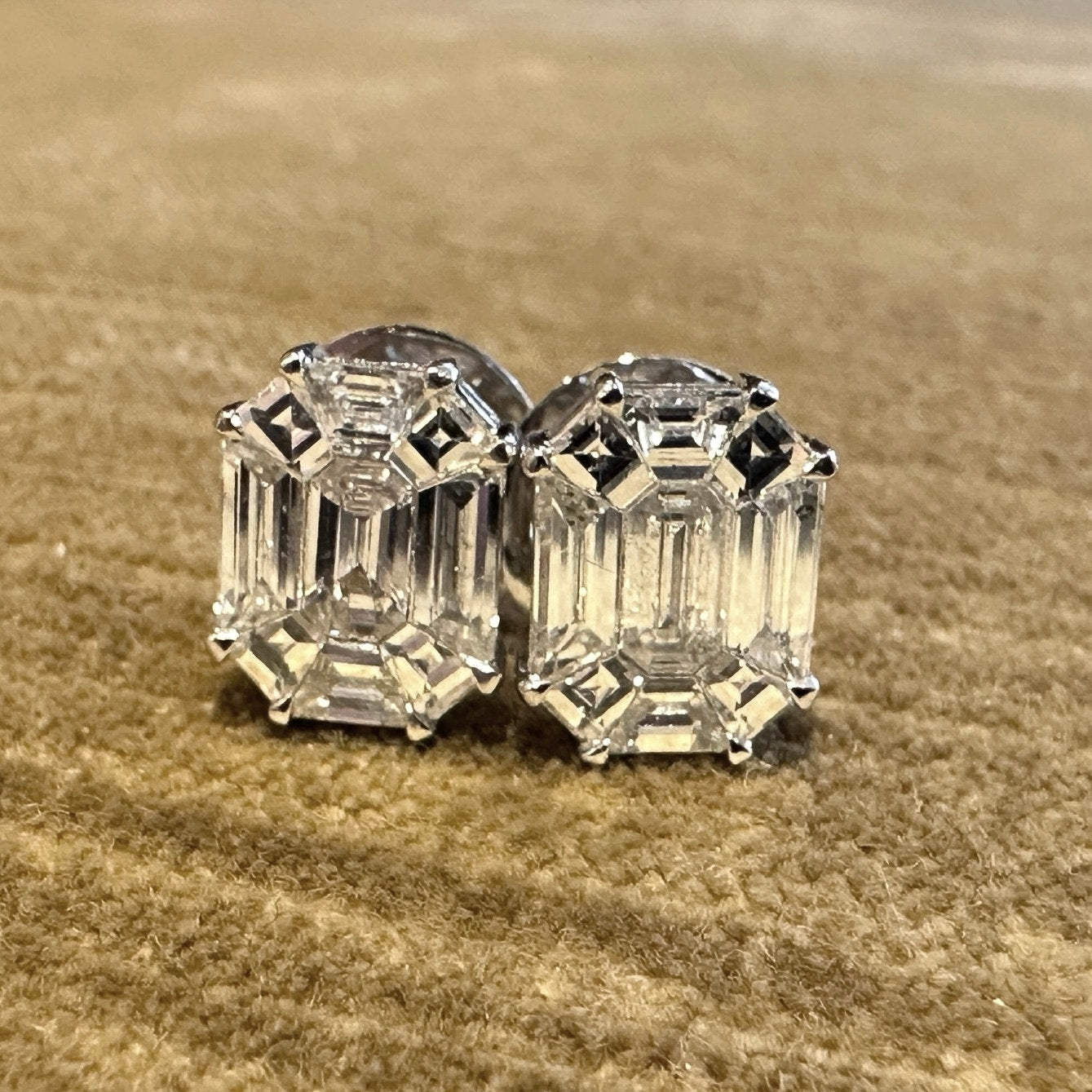 Illusion set Emerald Shape Diamond Stud Earrings in 18k White Gold - HM2624B