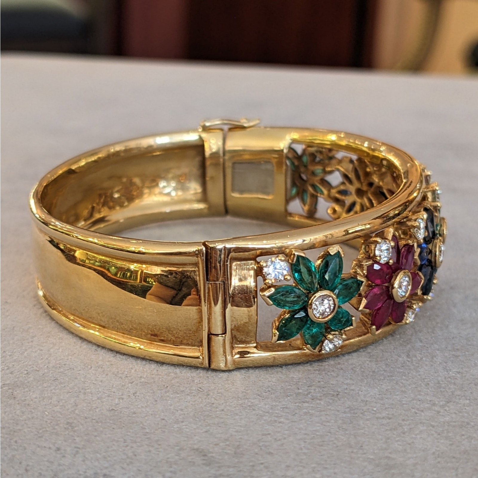 Wide Ruby-Sapphire-Emerald-Diamond Bangle Bracelet in 18k Yellow Gold