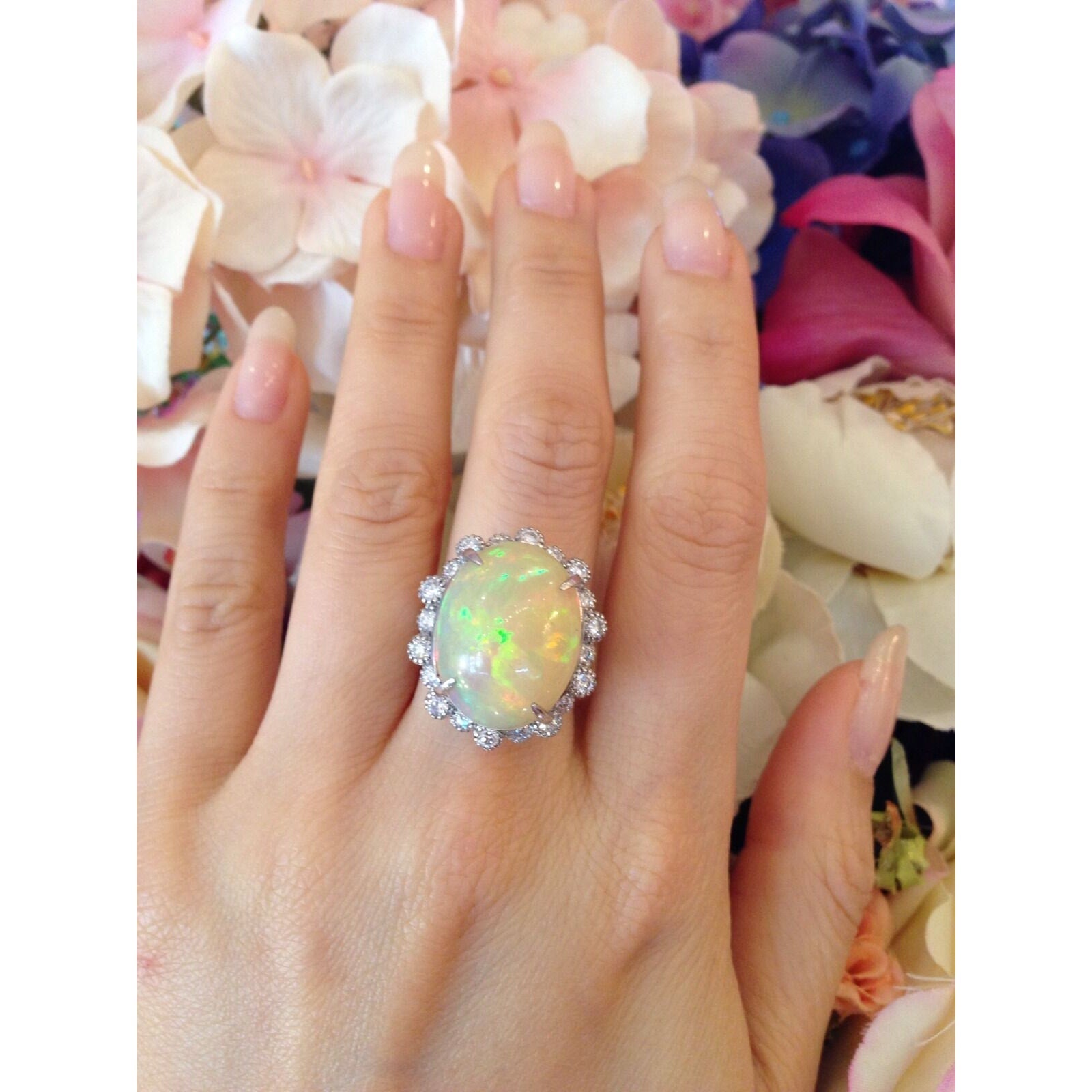 Estate 13.33 carat Natural Opal and Diamond Ring in Platinum