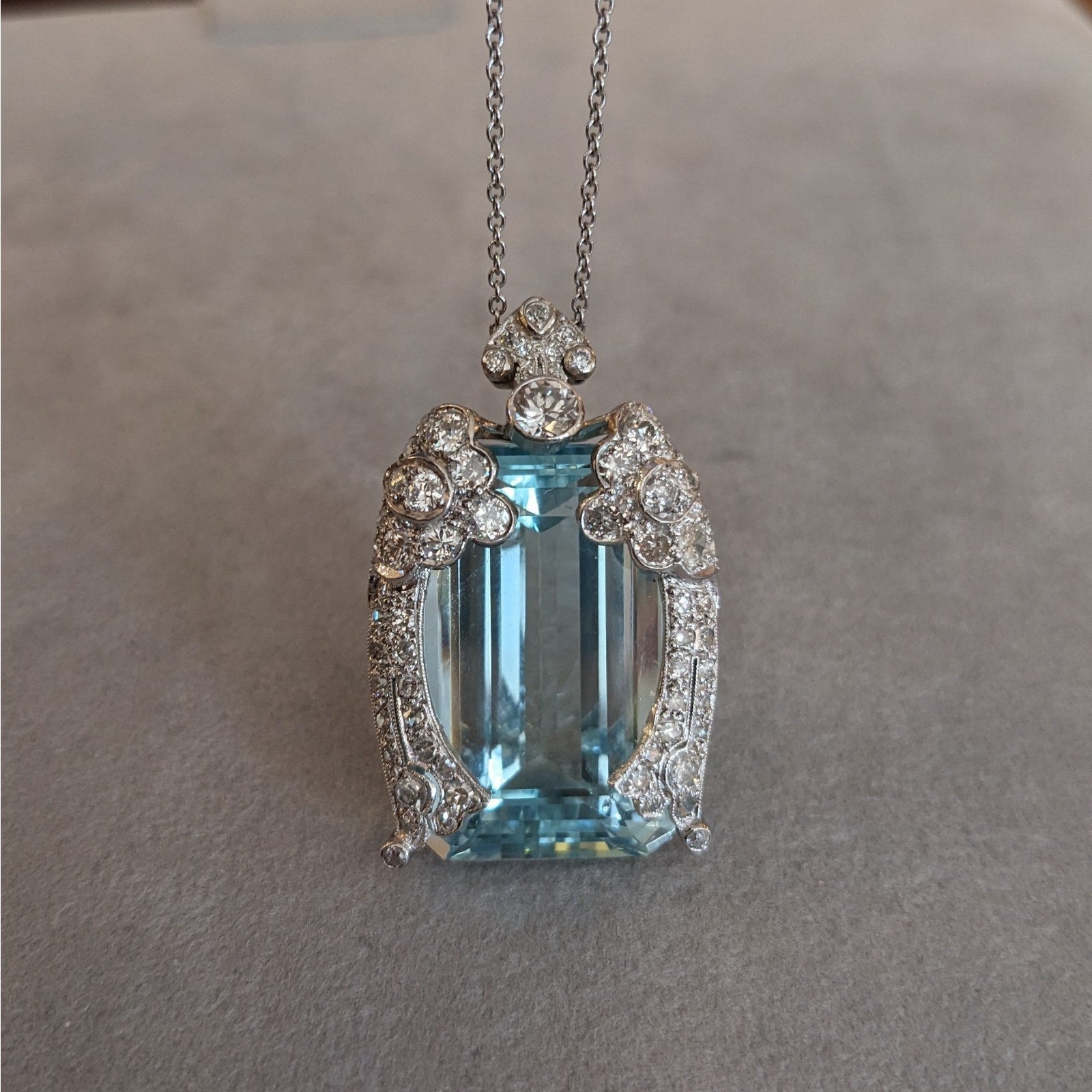 GIA 43 ct Aquamarine and Diamond Vintage Pendant Necklace in Platinum
