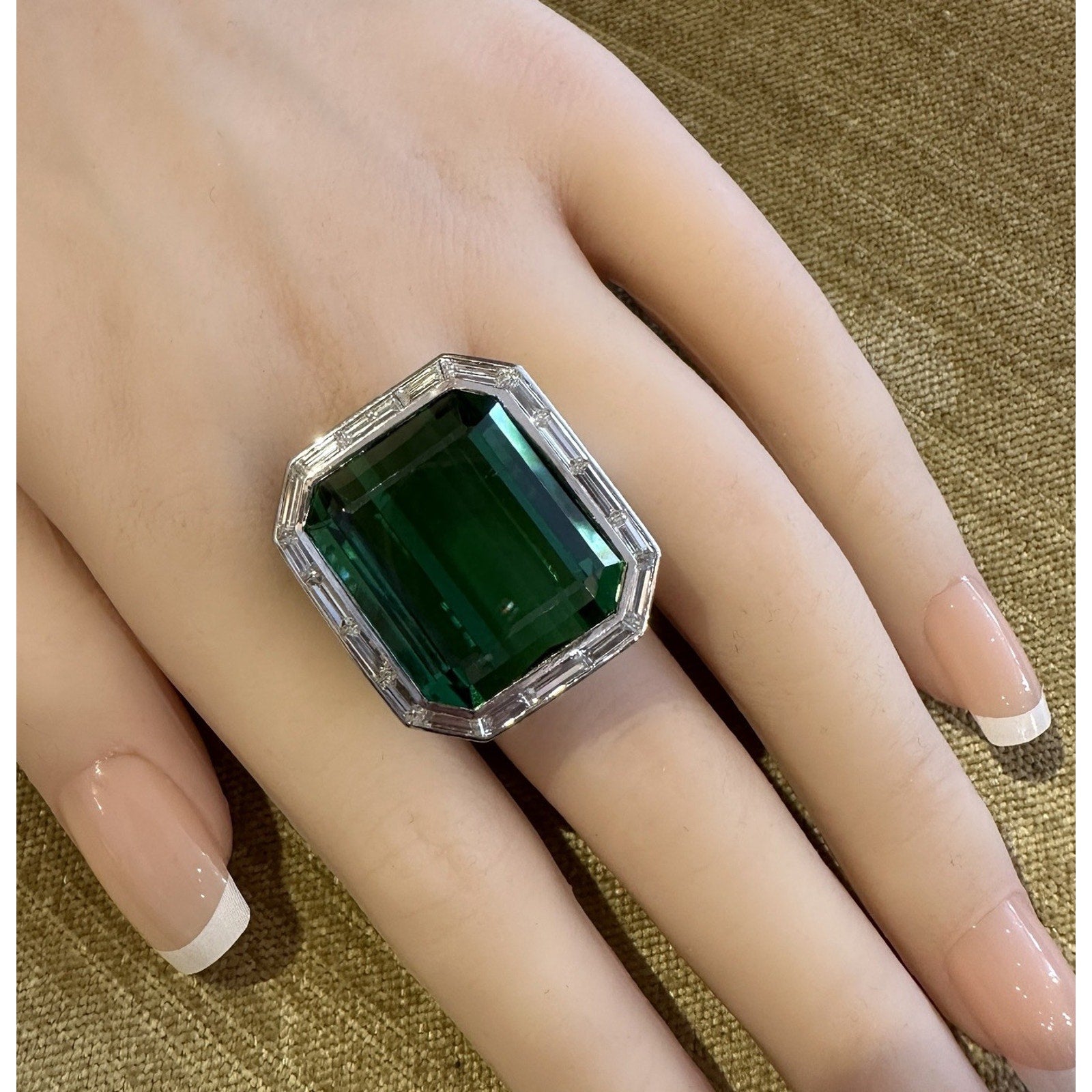 GIA 43 ct Green Tourmaline & Diamond Halo Cocktail Ring 18k White Gold