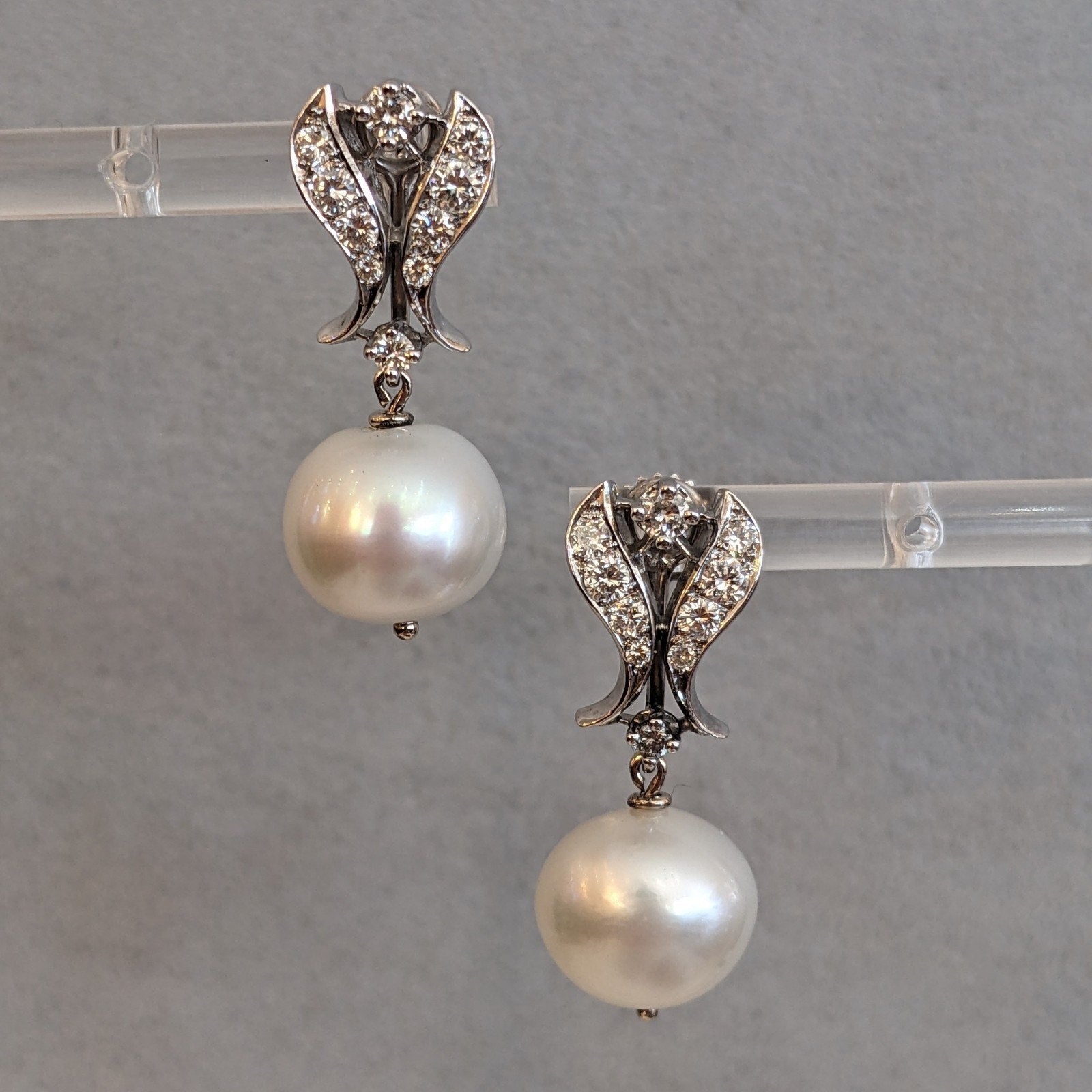 Vintage Diamond Dangle Earrings with Pearl Drop in 14k White Gold