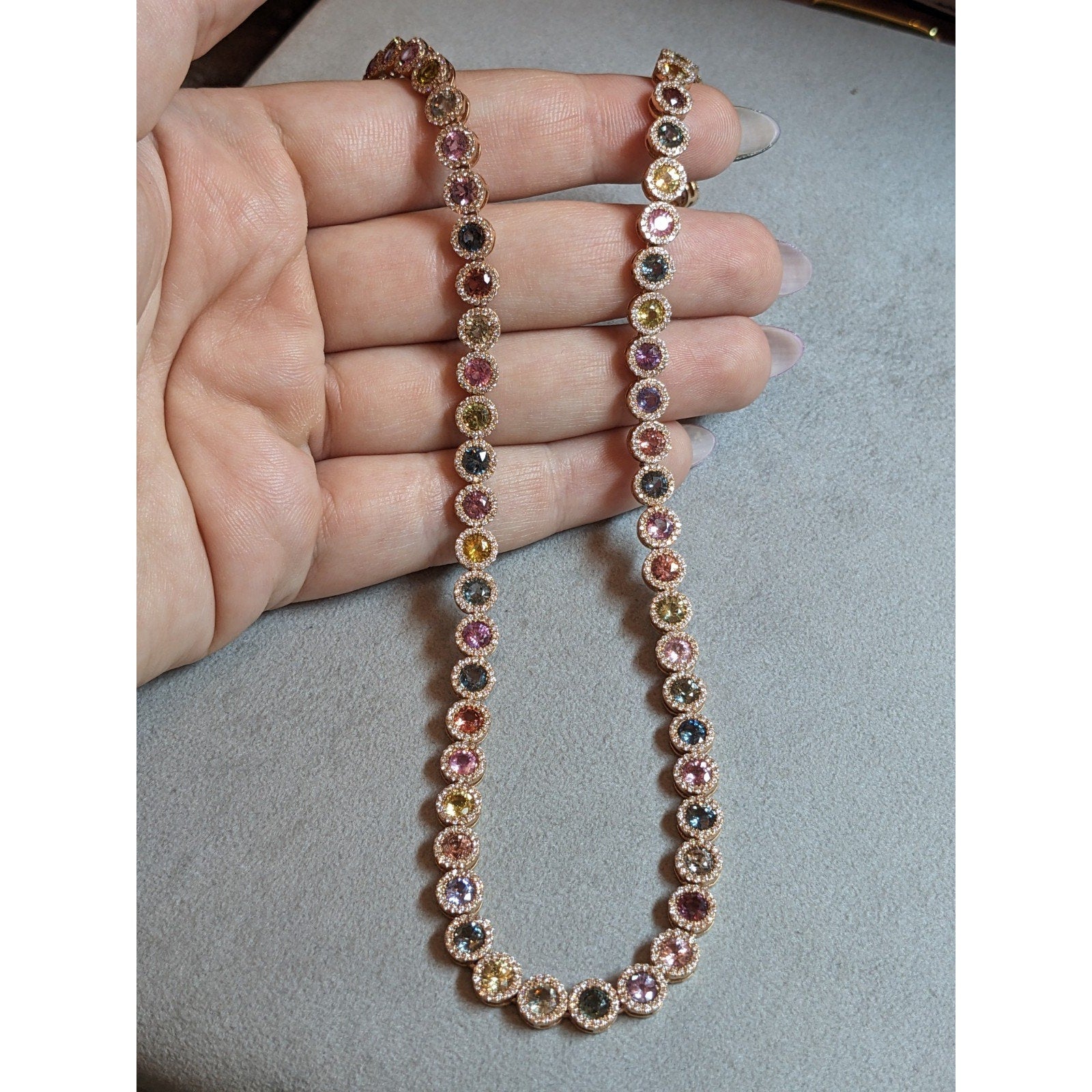 Multicolor Sapphire and Diamond Choker Necklace in 14k Rose Gold