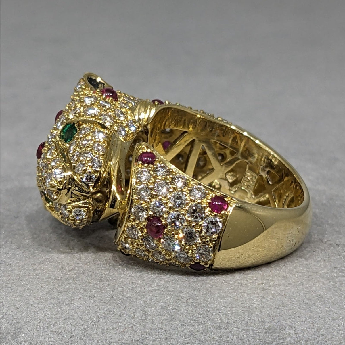 Pave Diamond and Ruby Panther Wrap Ring in 18k Yellow Gold