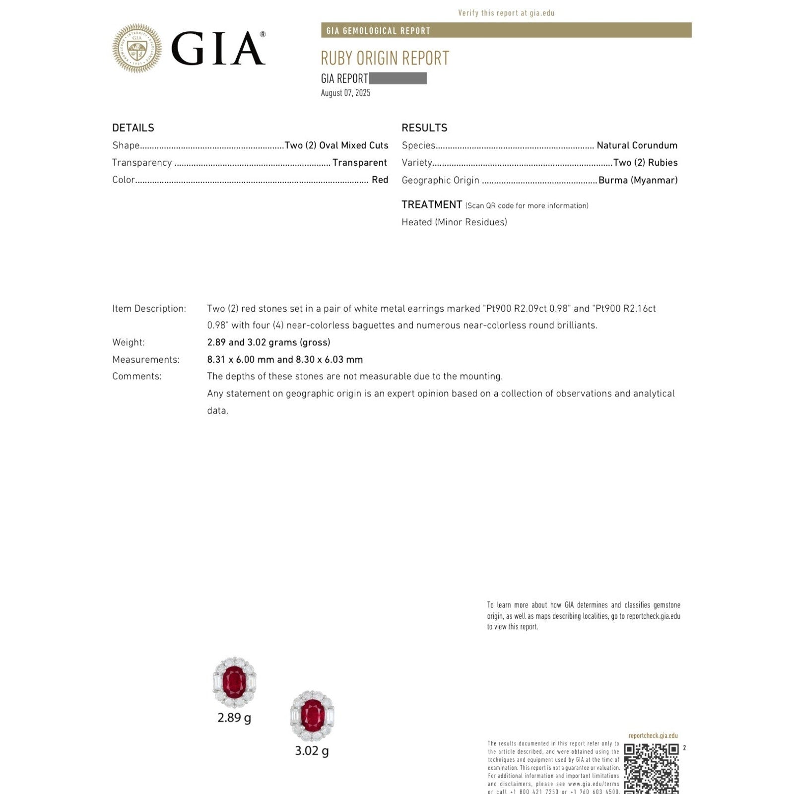 GIA Natural Burma Ruby Oval Stud Earrings with Diamonds in Platinum/18k-HM2763IB