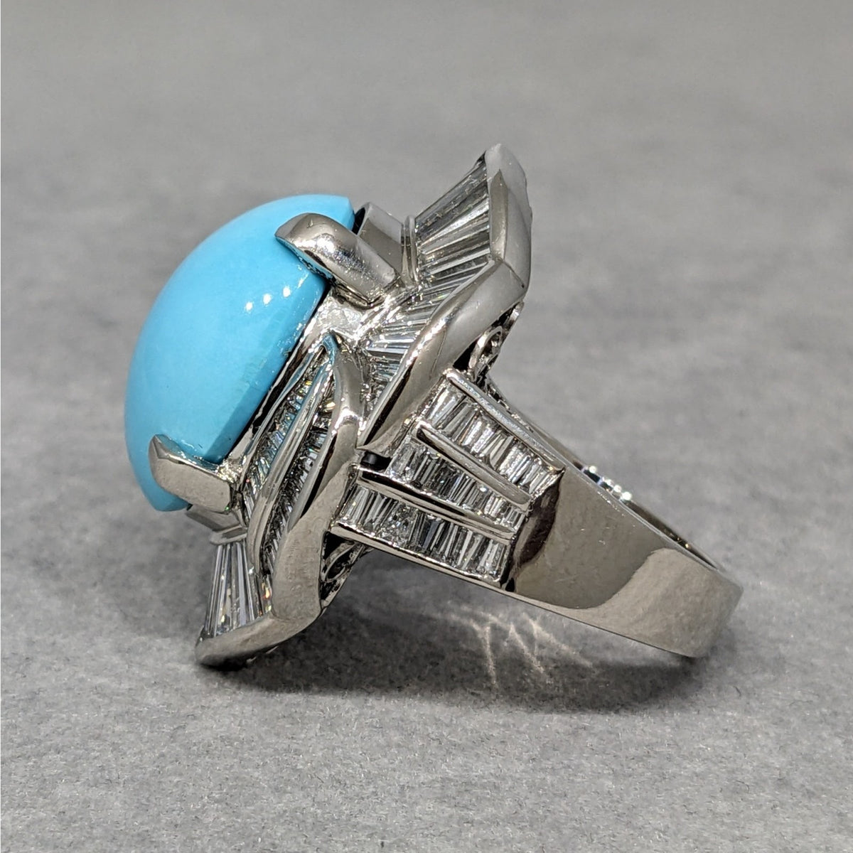 Large Turquoise and Baguette Diamond Cocktail Ring in Platinum
