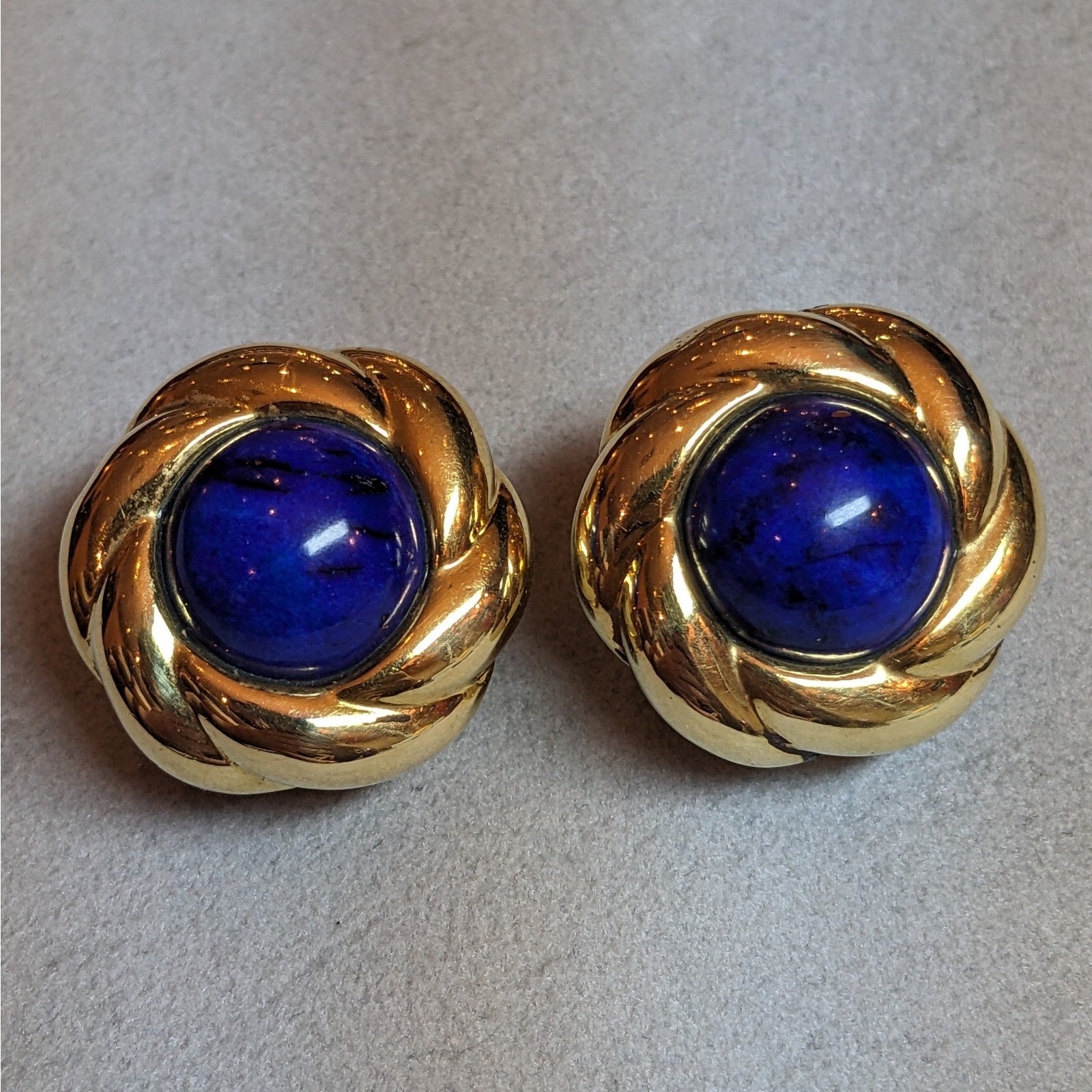 Vintage Lapis Large Button Earrings in 18k Yellow Gold