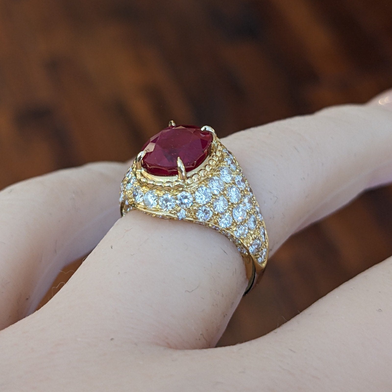 AGL Unheated 3.01 ct Natural Red Ruby in Diamond 18k Yellow Gold Ring