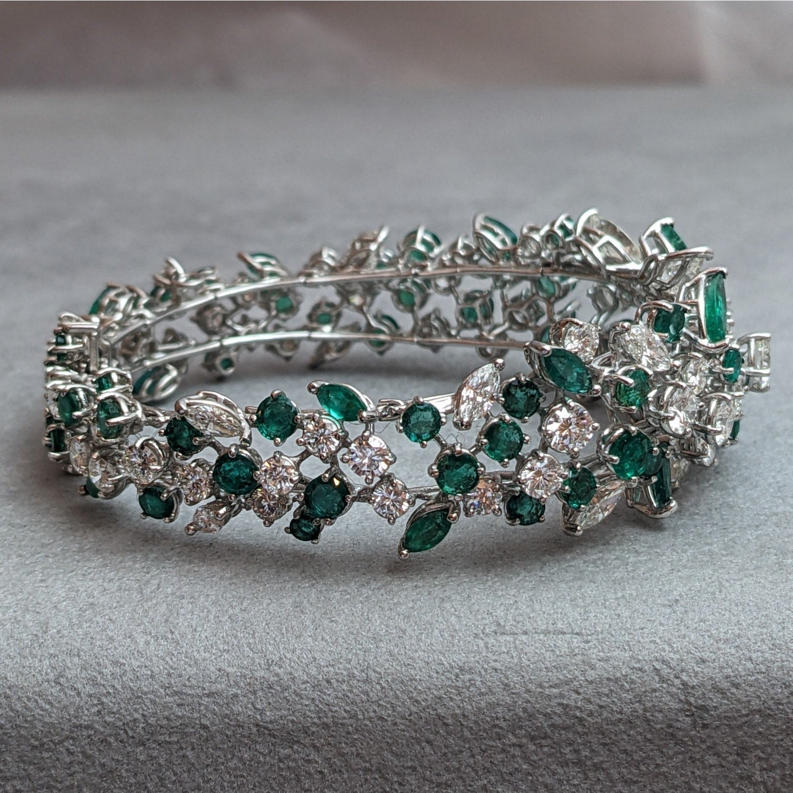 Round and Marquise Diamond and Emerald Cluster Bracelet in Platinum & 14k