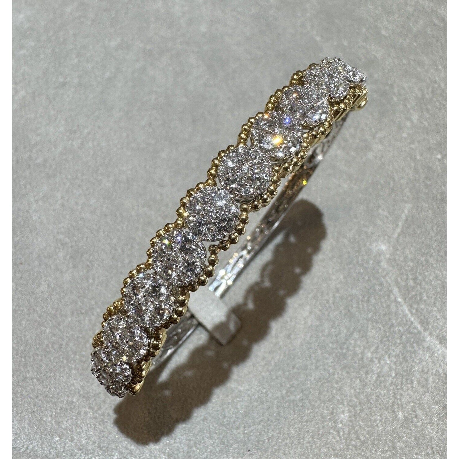Natural Diamond Pave Bangle Bracelet in 18k White and Yellow Gold