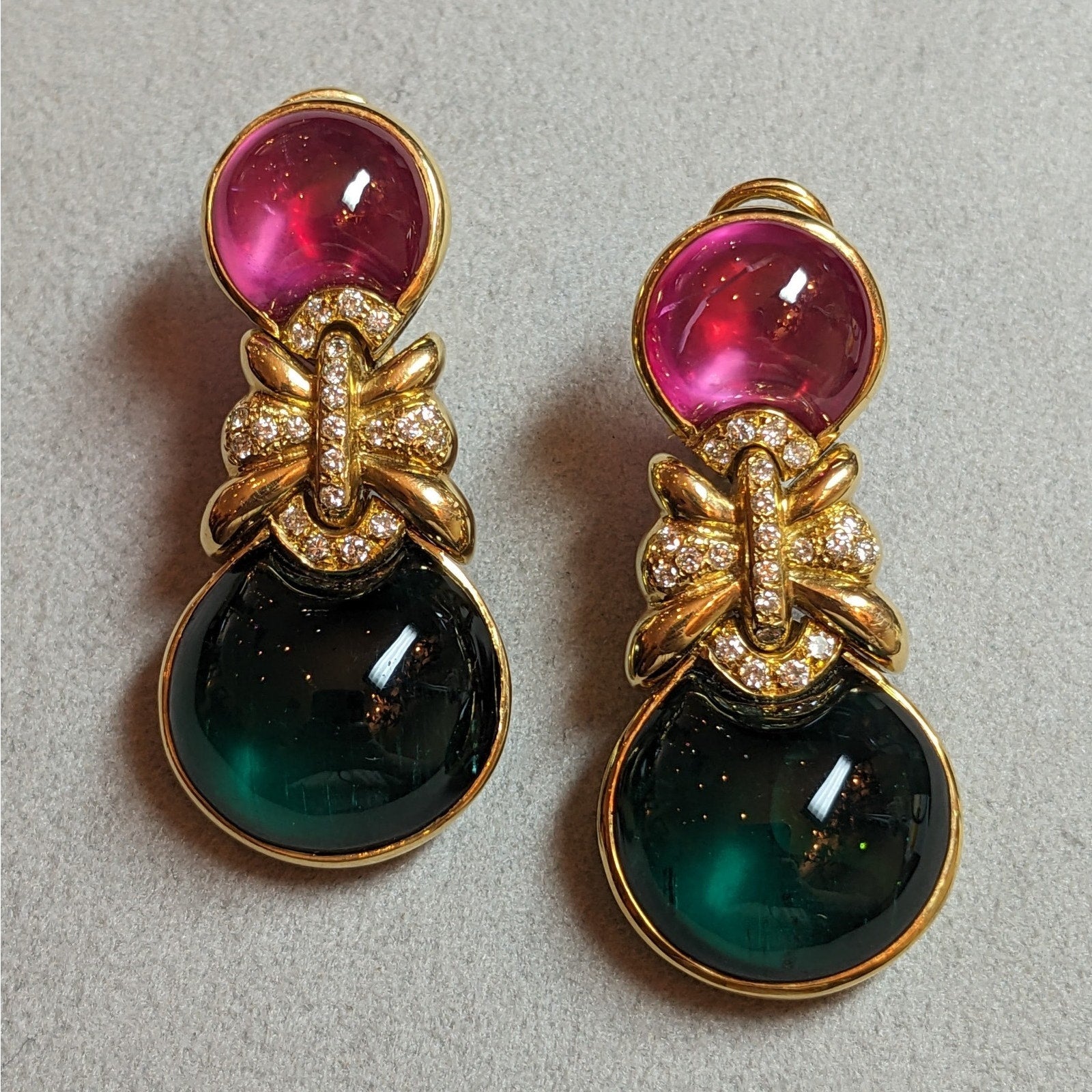 Pink Sapphire, Green Tourmaline & Diamond Drop Earrings in 18k Gold
