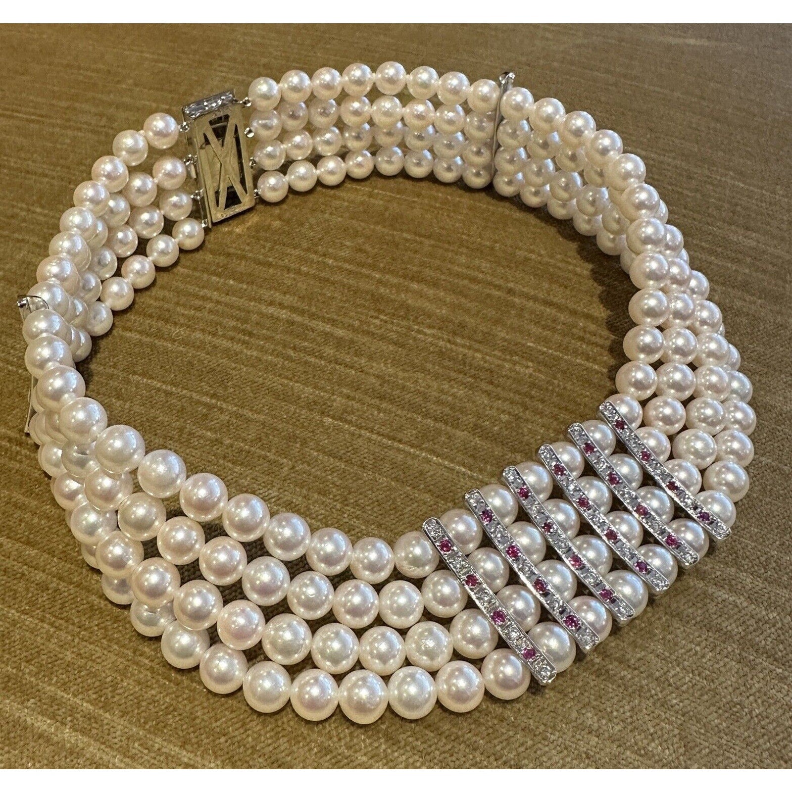 4 Row Pearl Choker Necklace with Rubies & Diamonds in Platinum