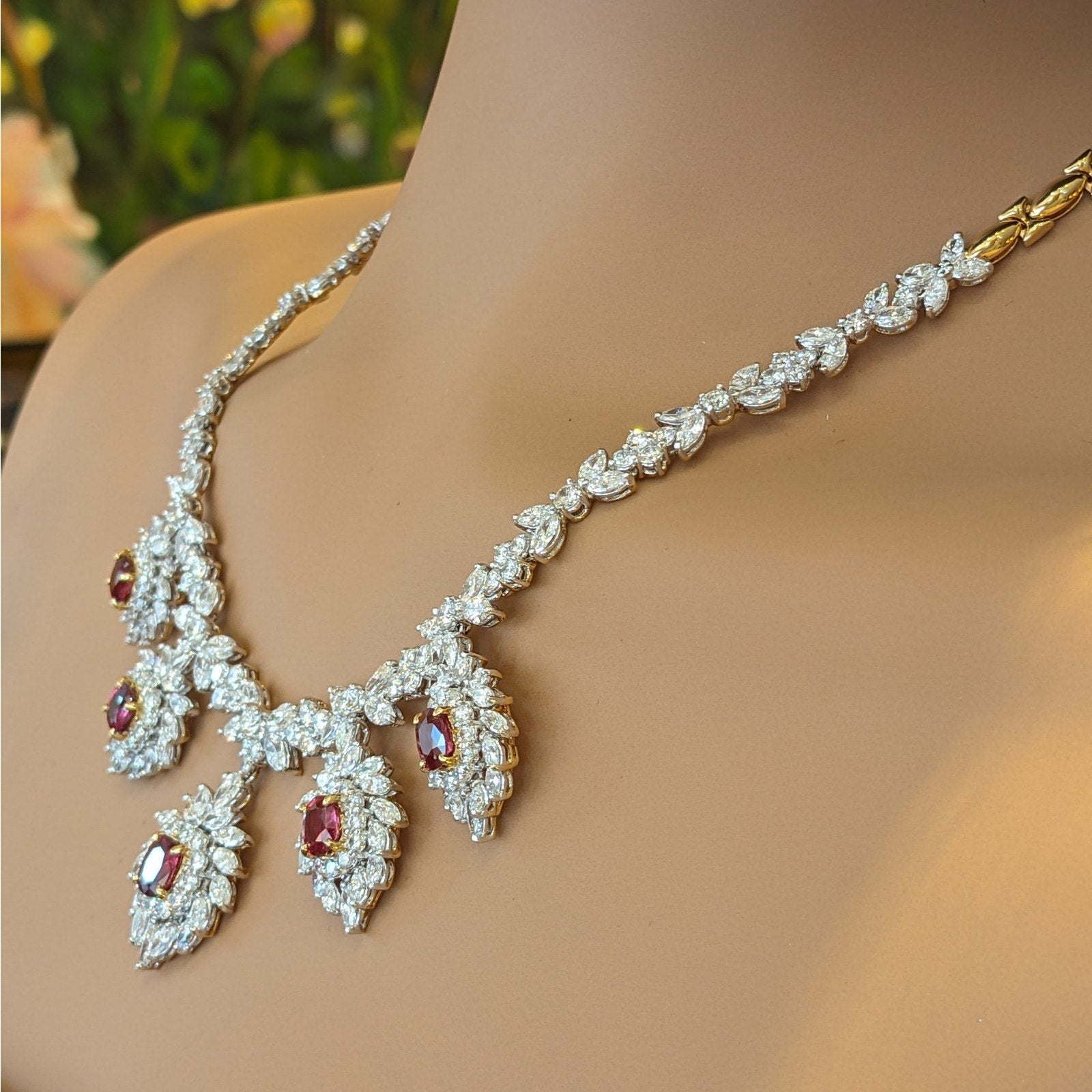 Vintage Drop Ruby and Diamond Necklace in 18k Yellow Gold