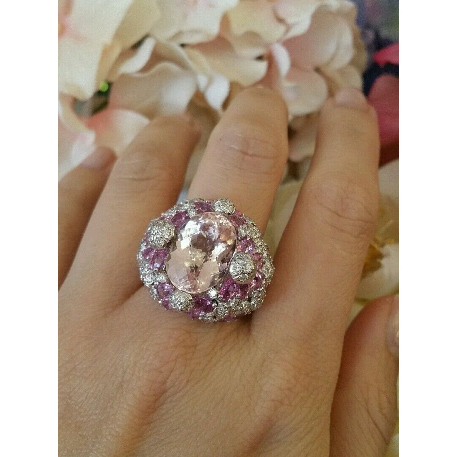 Kunzite, Pink Sapphire & Diamond Cocktail Ring in 18k White Gold