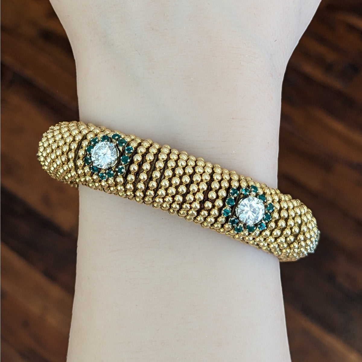 Vintage Diamond & Emerald Dome Beads Link Bracelet in 18k Yellow Gold