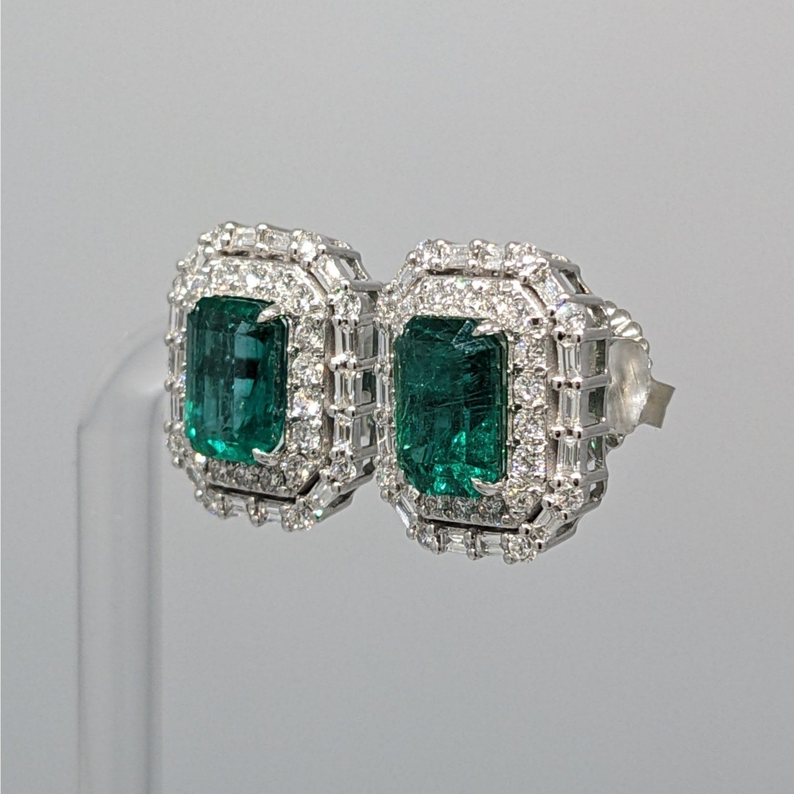 GIA 4.42 ct Emerald Double Halo Diamond Earrings in 18k White Gold