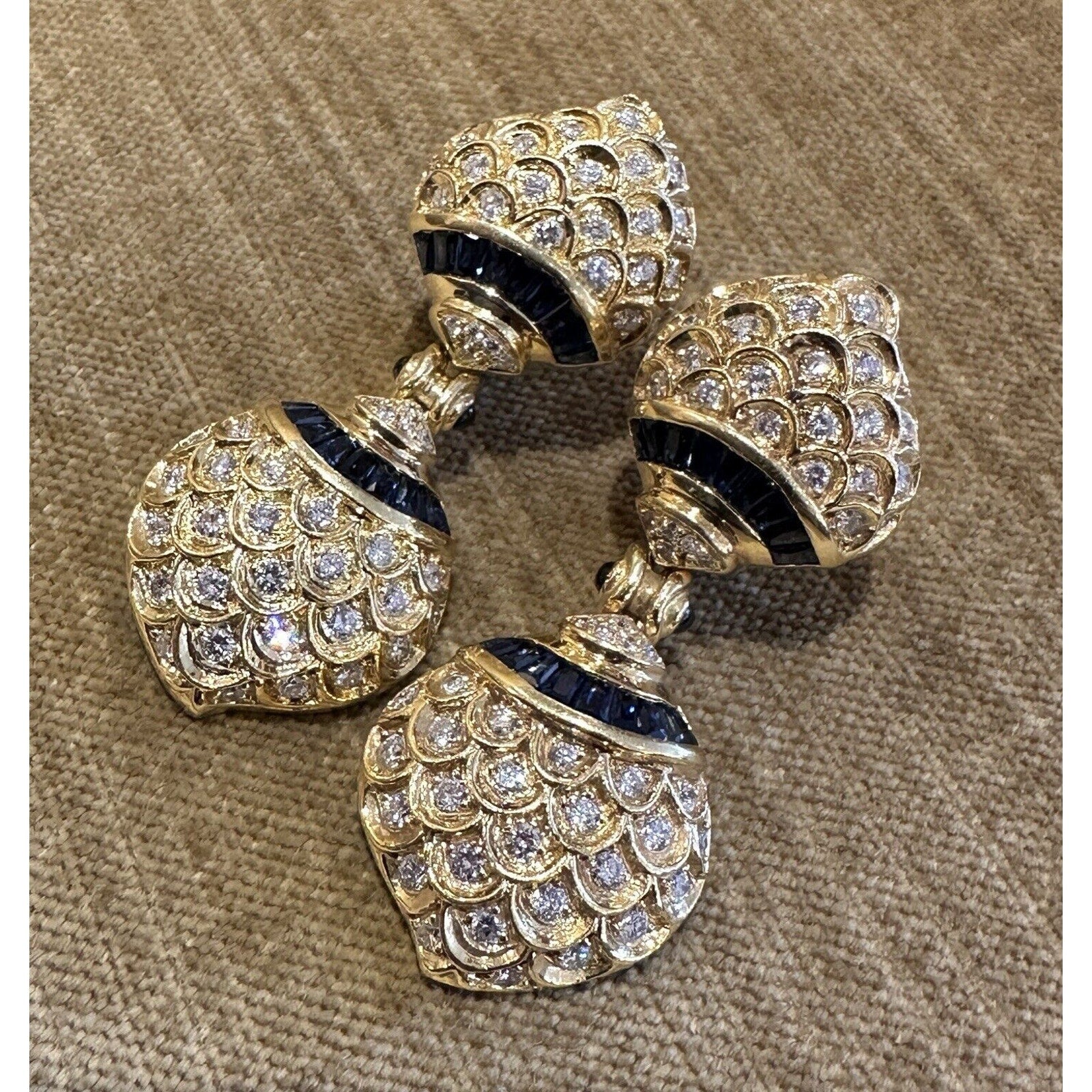 Natural Diamond and Sapphire Large Drop Earrings in 18k Yellow Gold