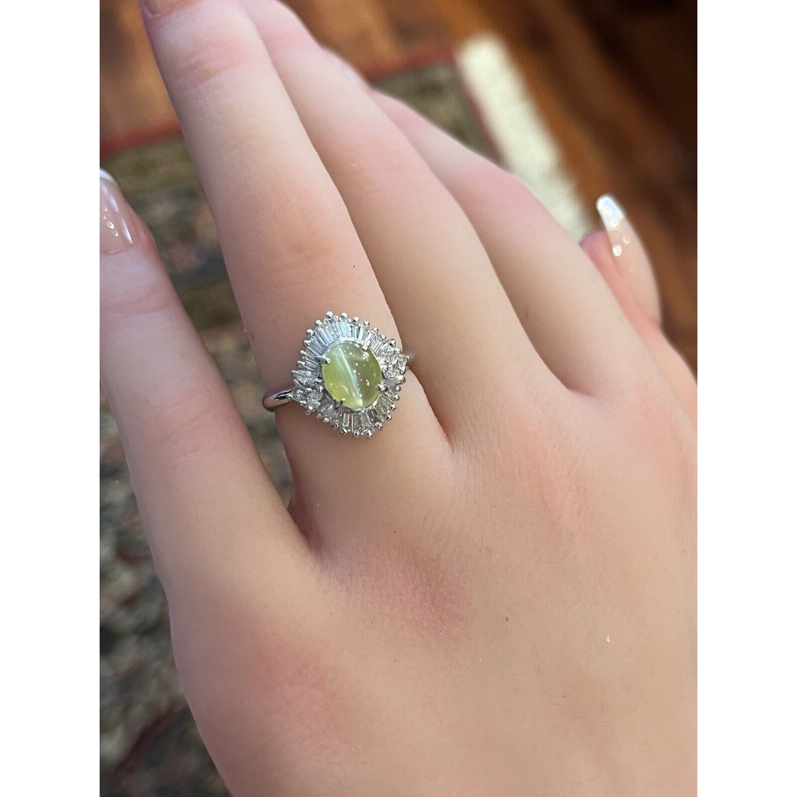 Cat's Eye Chrysoberyl Cabochon and Diamond Ring in Platinum