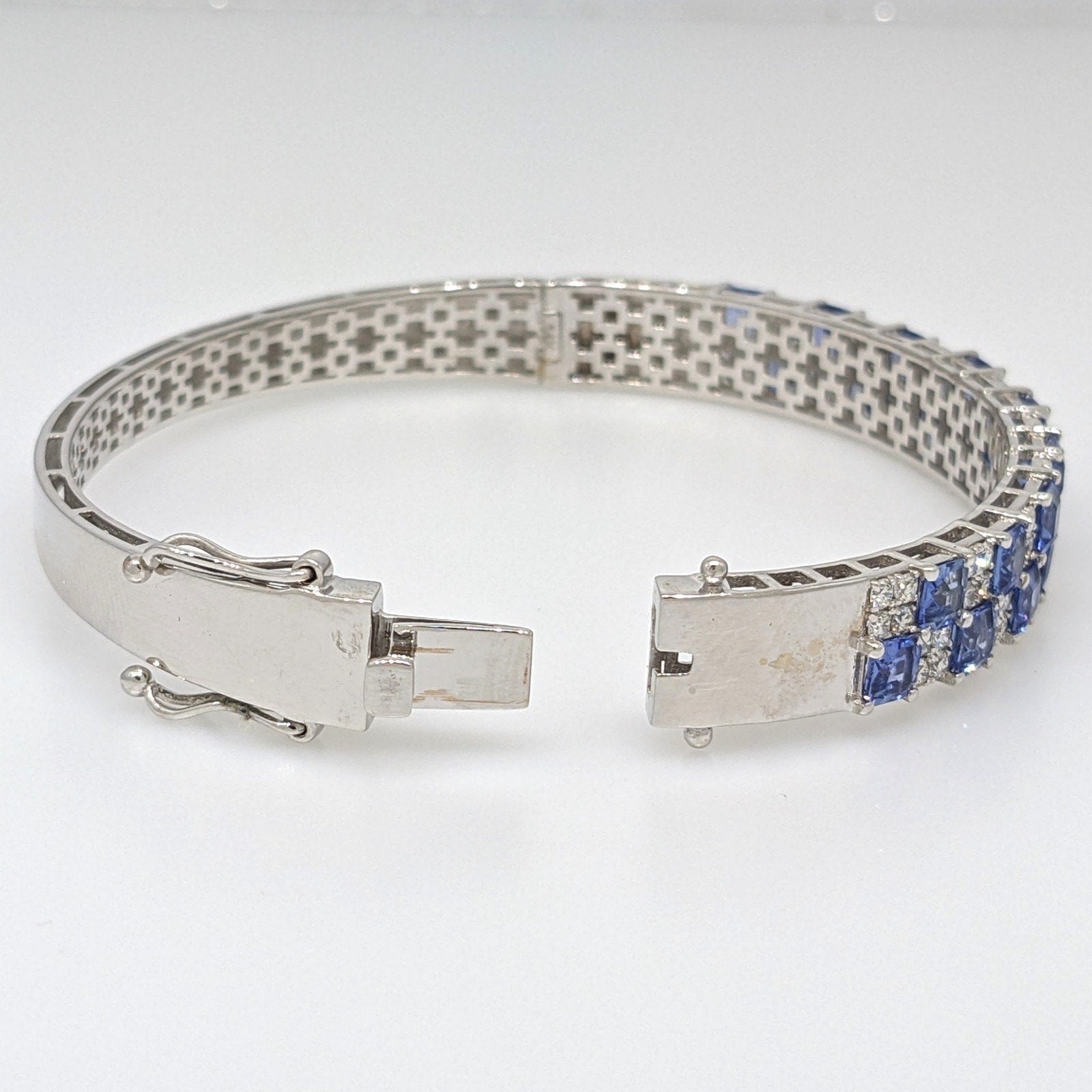 Natural Sapphire and Diamond Bangle Bracelet in 14k White Gold