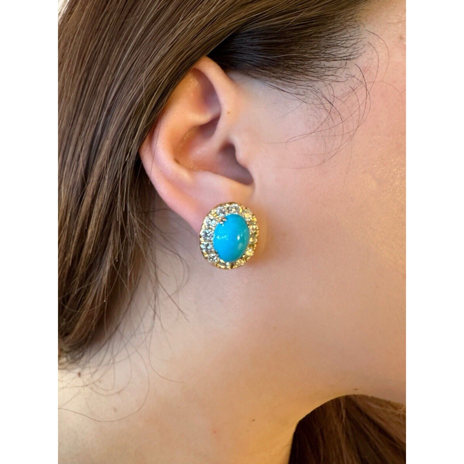 Turquoise and Diamond Halo Button Earrings in 18k Yellow Gold