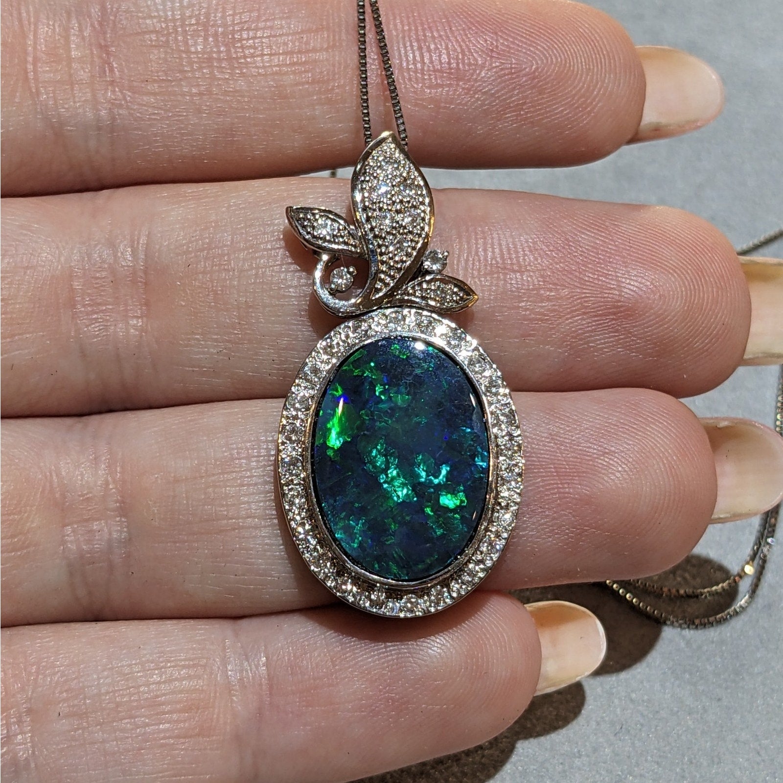 Black Opal and Diamond Pendant Necklace in Platinum