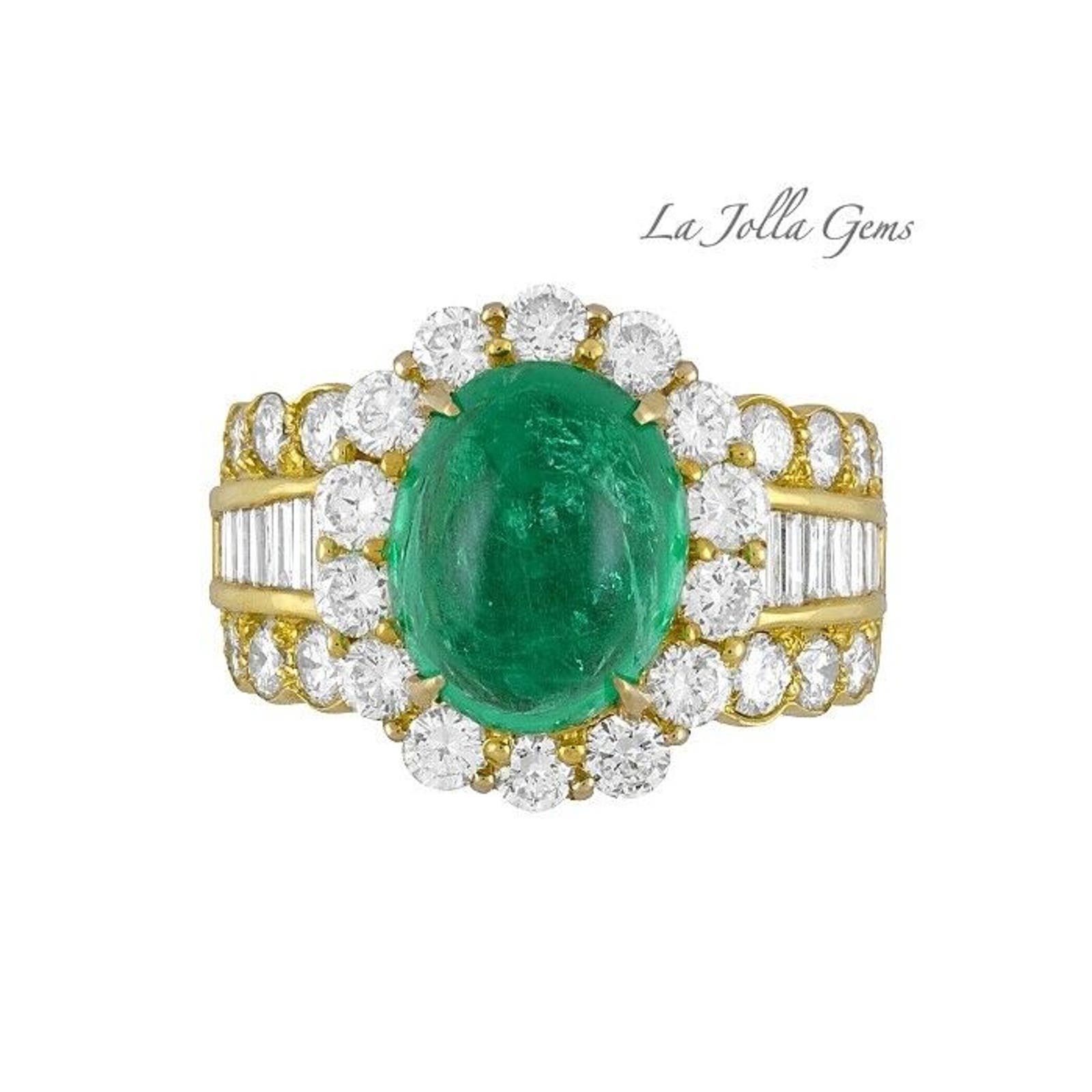 GIA 5.12ct Emerald Cabochon & Diamond Ring in 18k Yellow Gold - HM2222BR