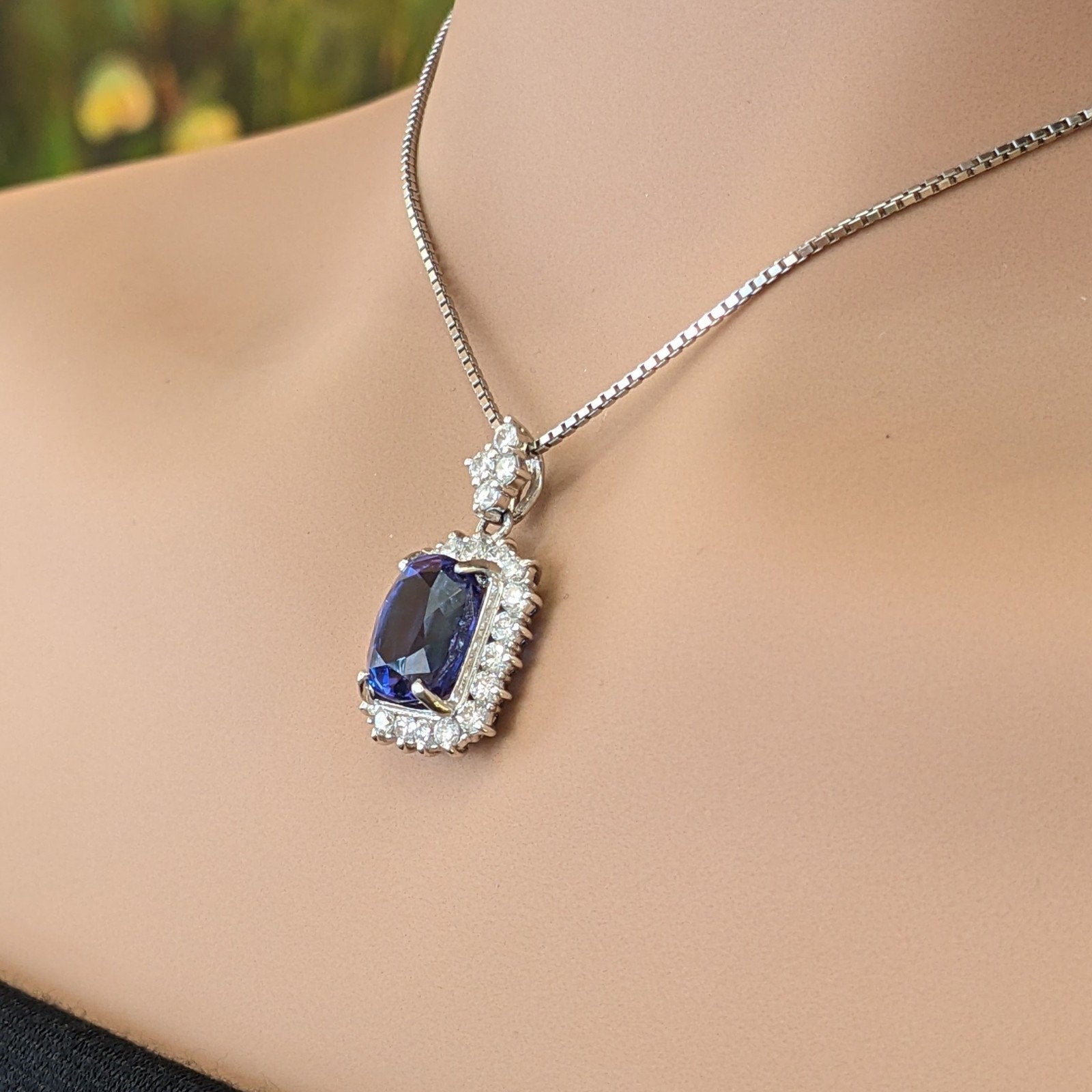 5.70 ct Cushion Tanzanite & Diamond Pendant Necklace in Platinum