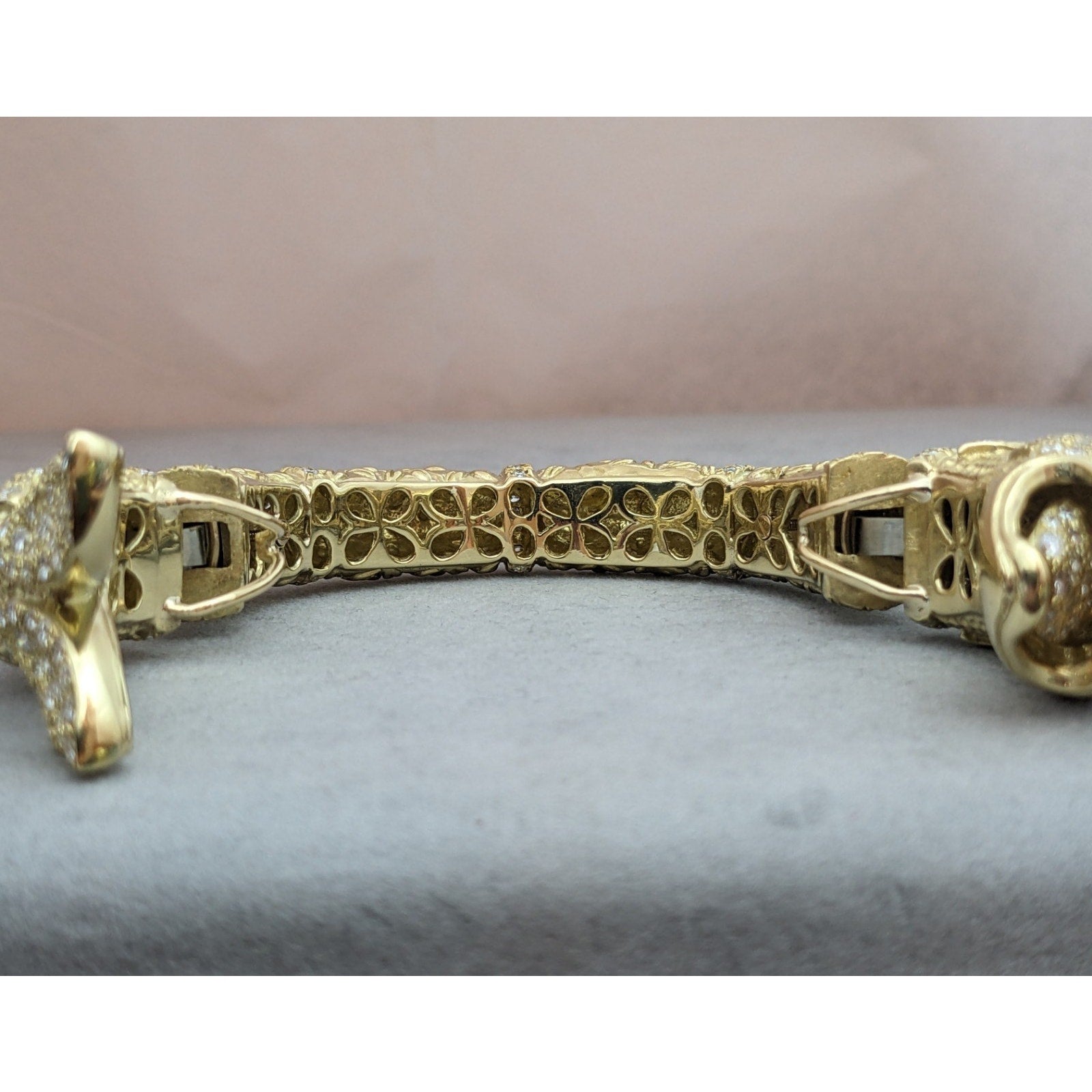 Heavy Diamond Hinged Fish Cuff Bracelet in Textured 18k Yellow Gold
