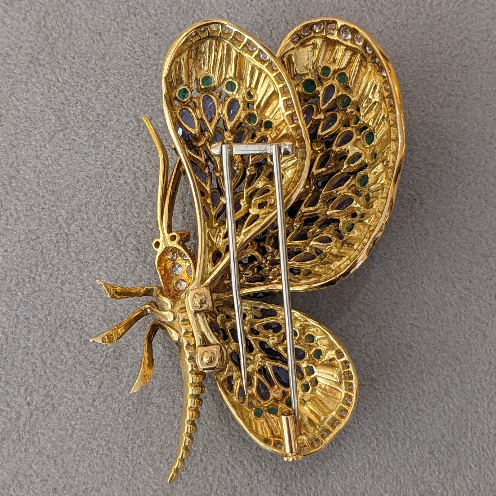 Large Sapphire, Emerald, and Diamond Butterfly Pin in 18k Yellow Gold