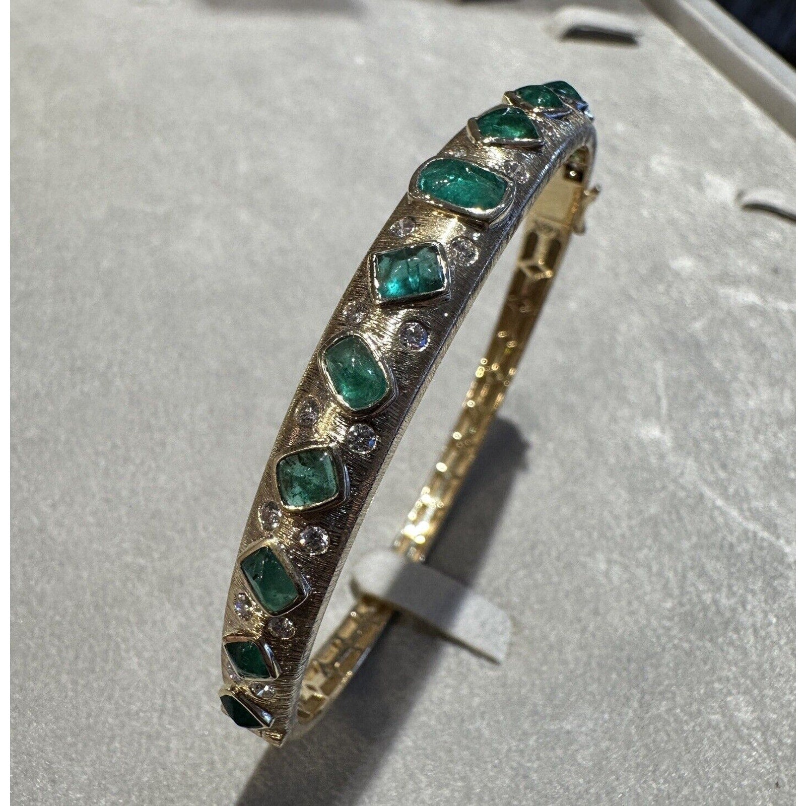 Natural Emerald & Diamond Bangle Bracelet in Textured 14k Yellow Gold - HM2626A