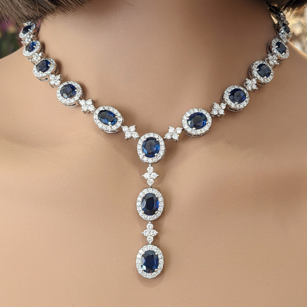 Natural Sapphire & Diamond Y-Drop Necklace in 18k White Gold