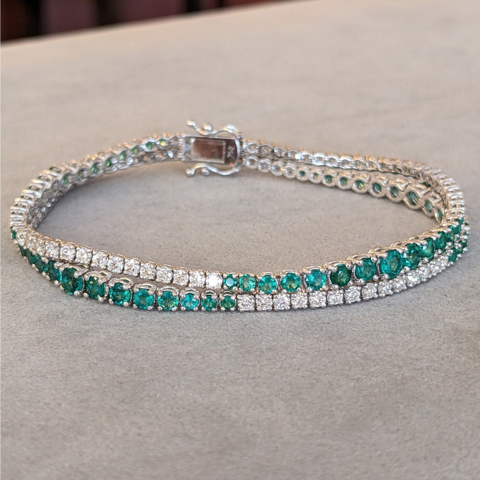 Emerald and Diamond Double Strand Bracelet in 18k White Gold]