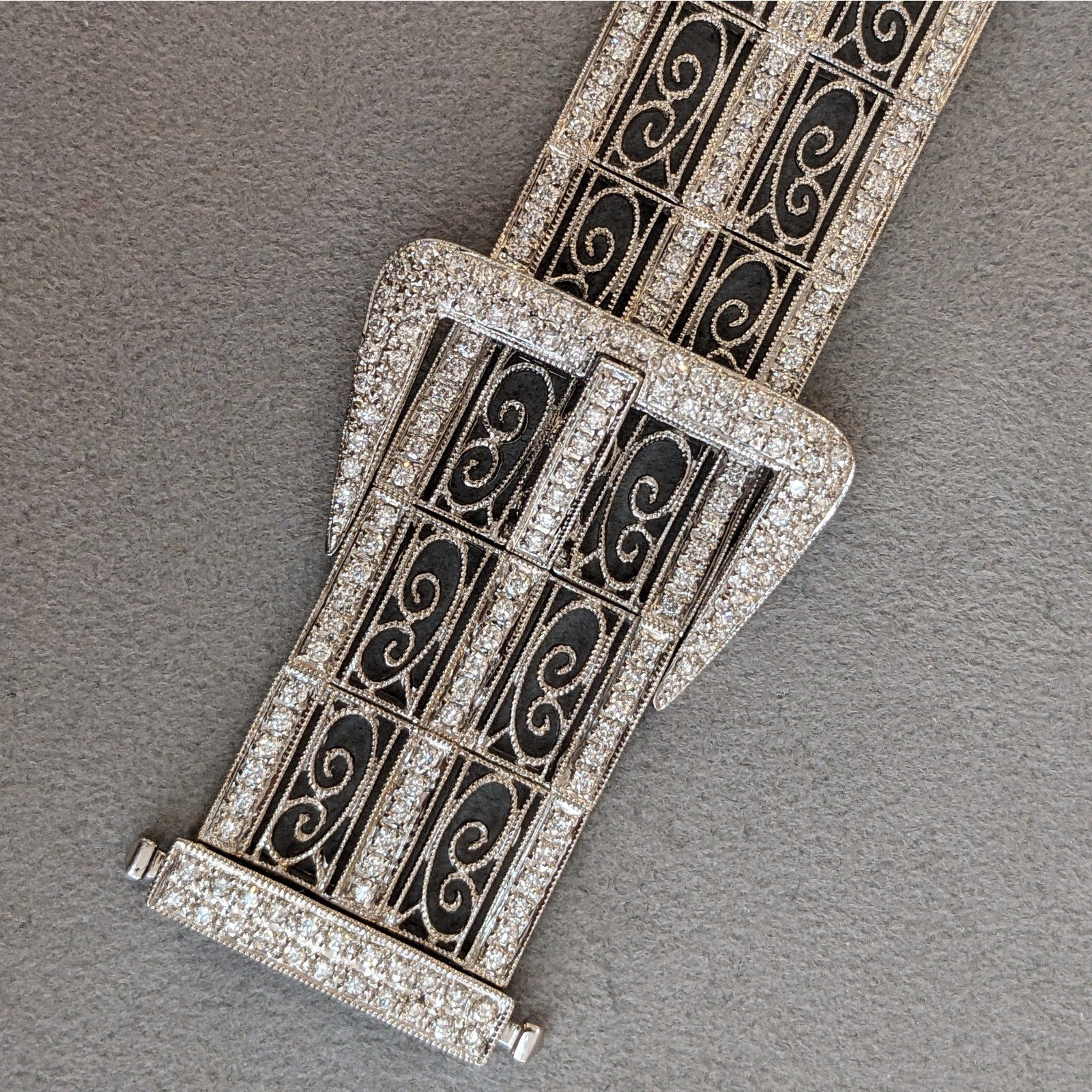 Wide Vintage Diamond Buckle Bracelet in 18k White Gold