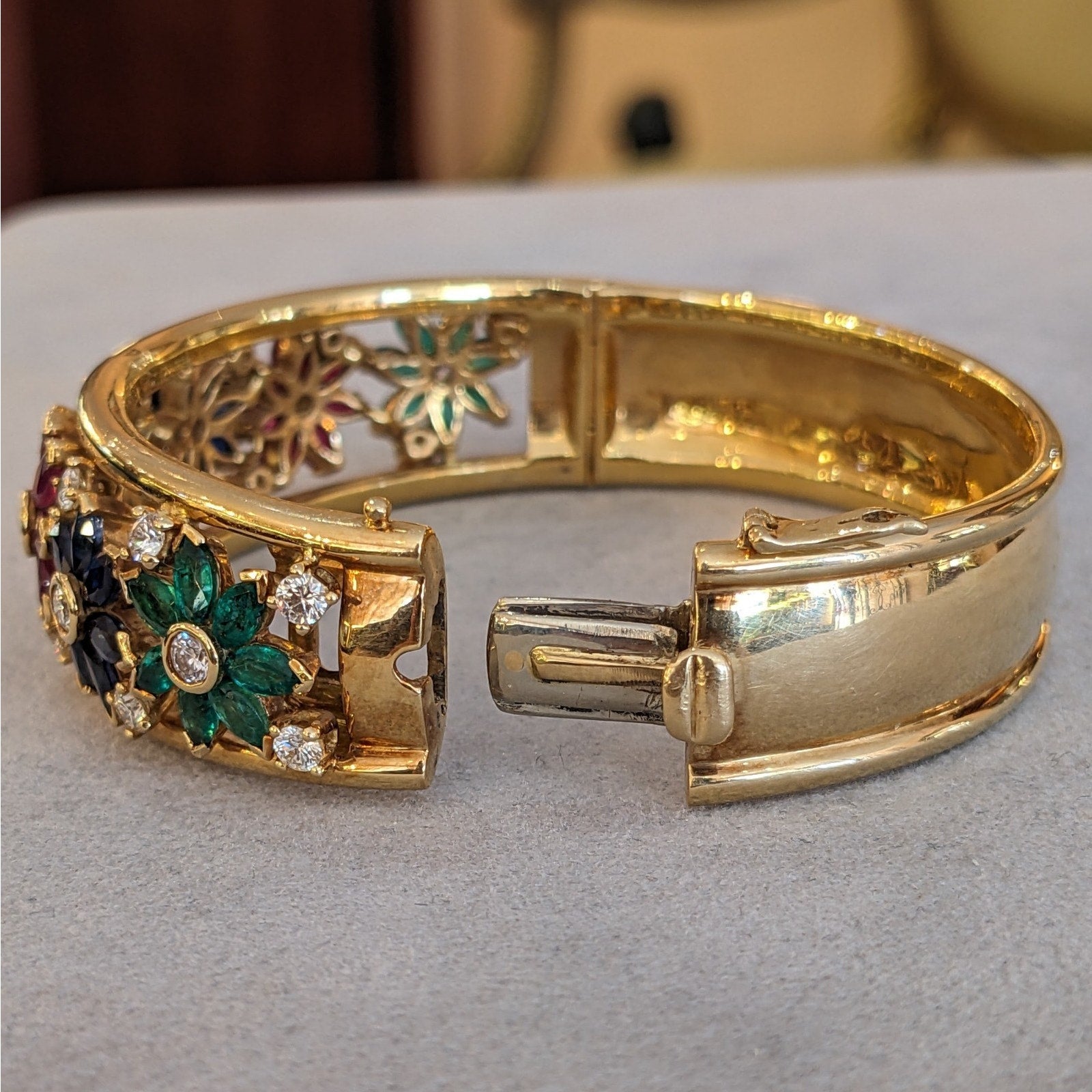Wide Ruby-Sapphire-Emerald-Diamond Bangle Bracelet in 18k Yellow Gold