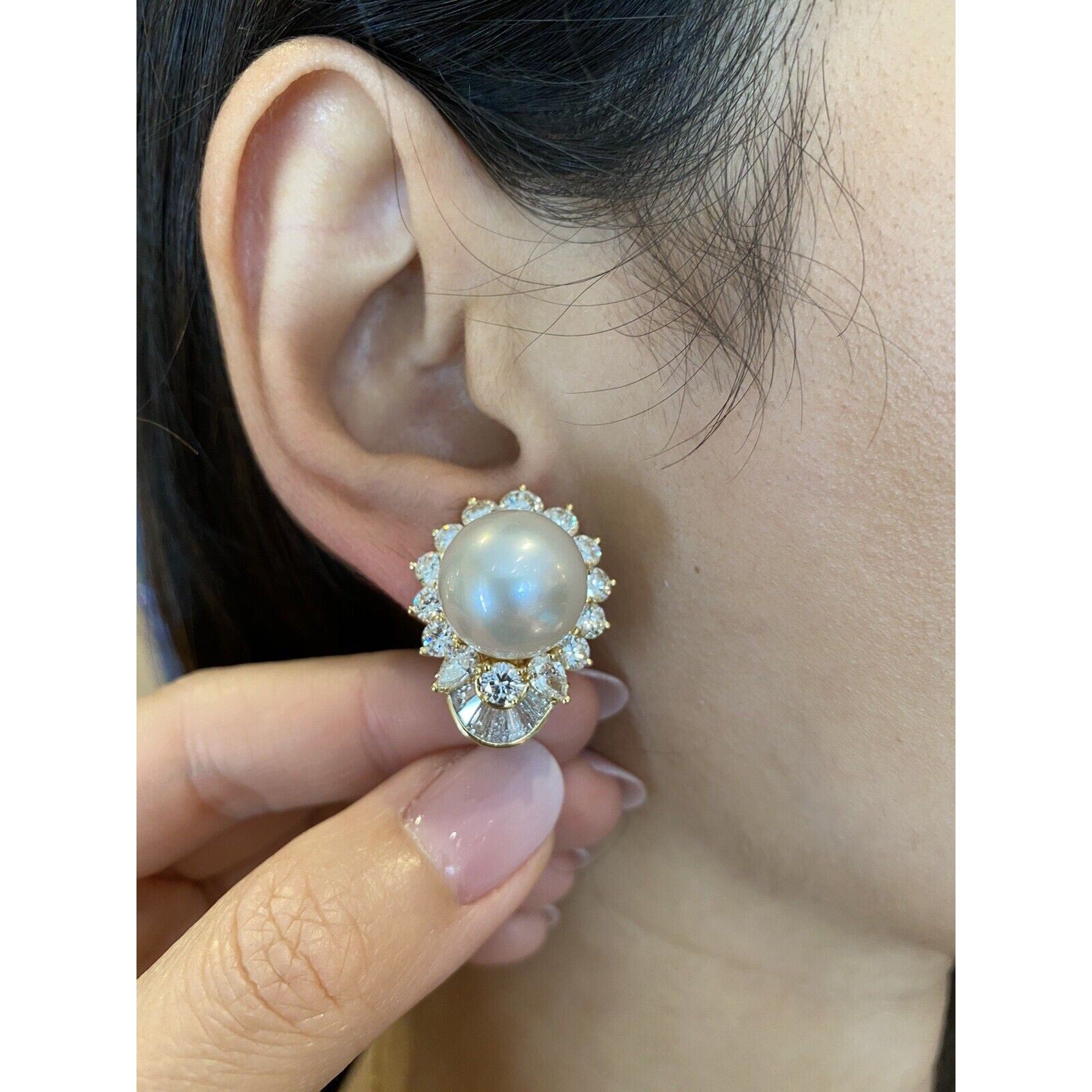 Large White South Sea Pearl and Diamond Earrings in 18k Yellow Gold
