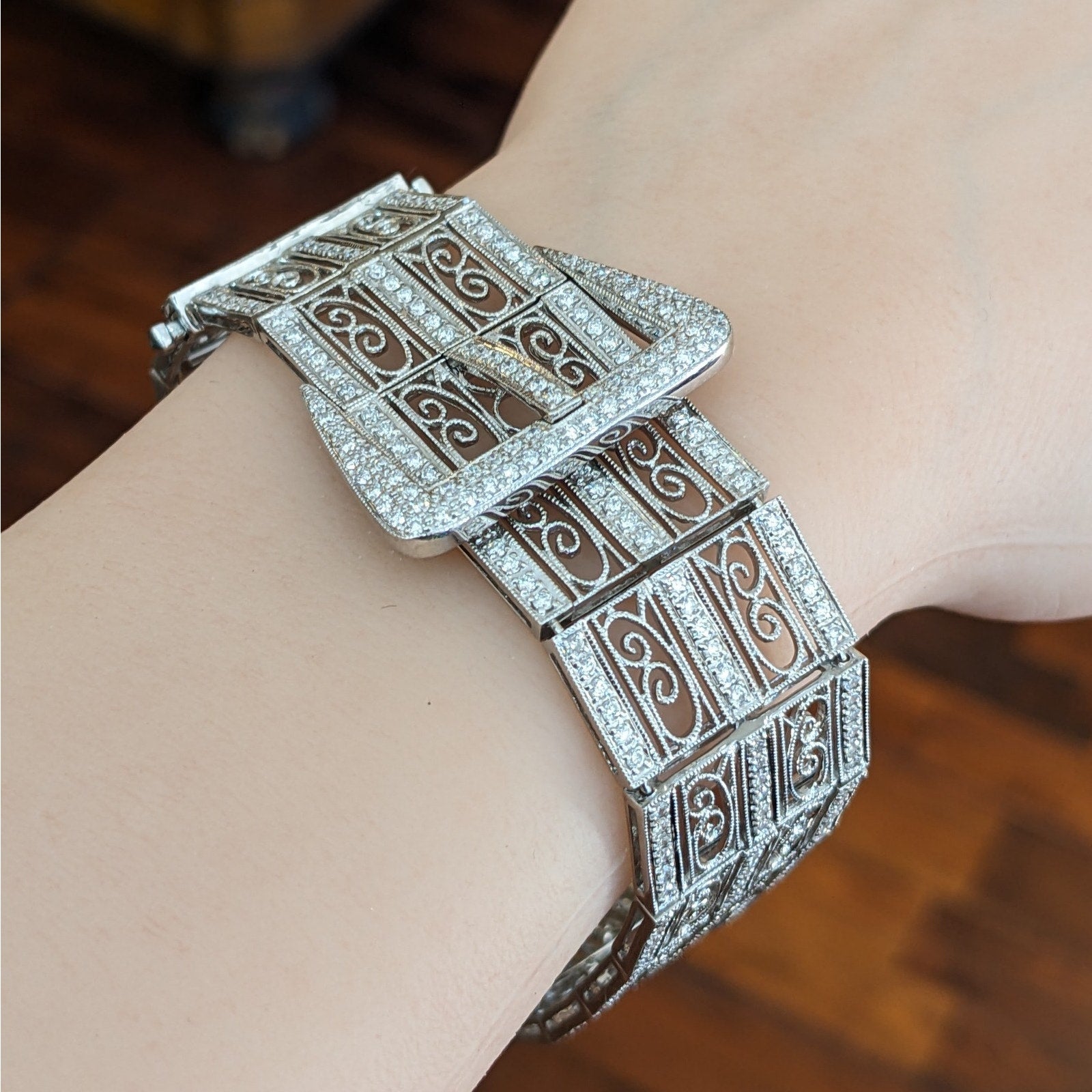 Wide Vintage Diamond Buckle Bracelet in 18k White Gold
