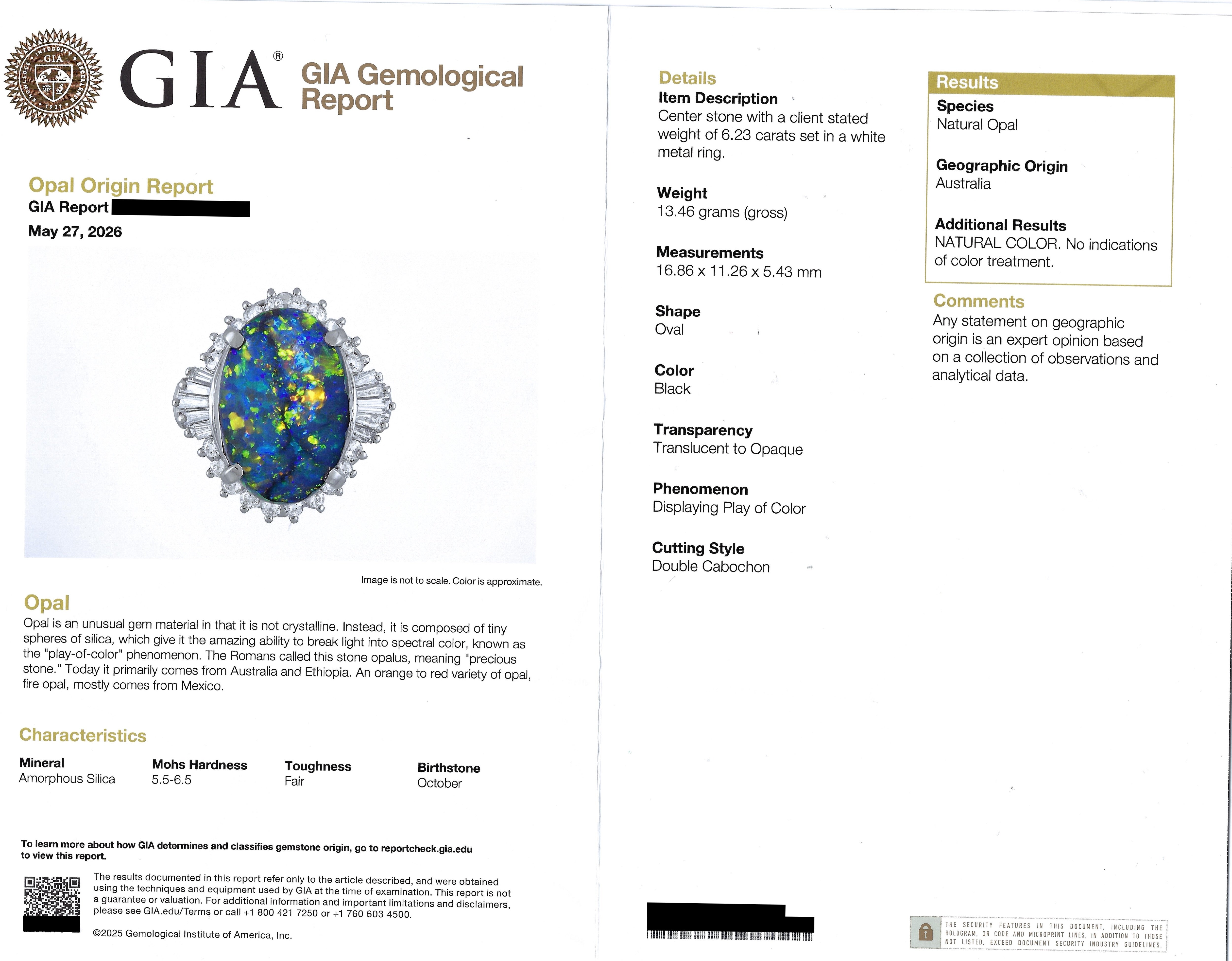 GIA Natural Black Opal 6.23 ct and Diamond Cocktail Ring in Platinum