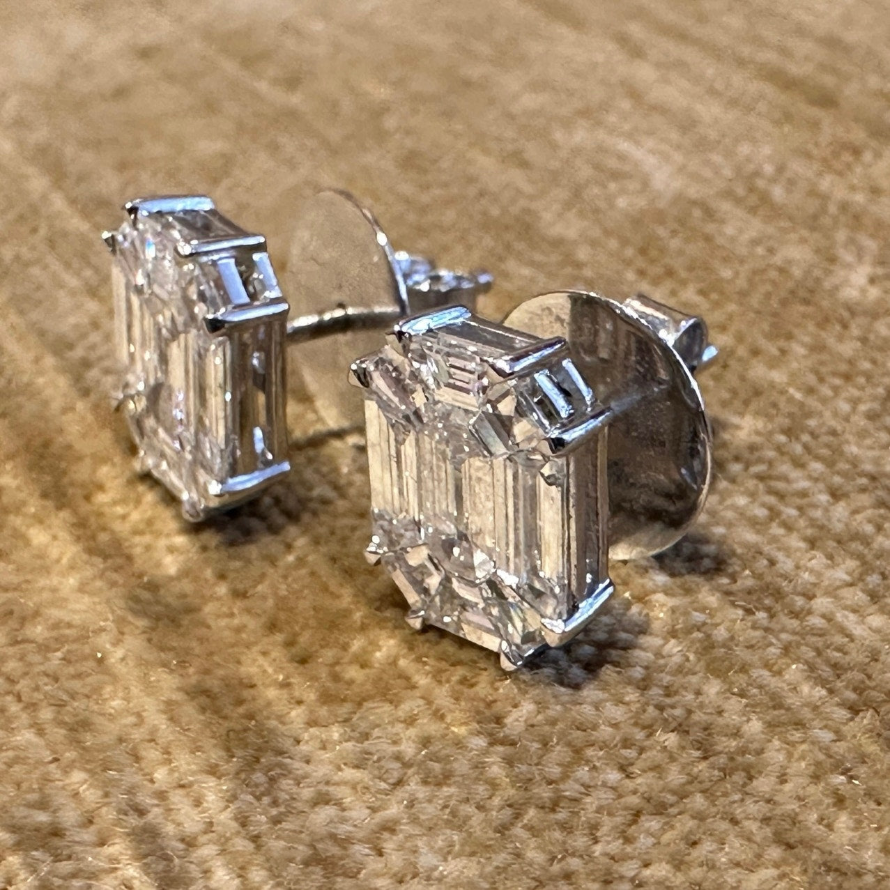 Illusion set Emerald Shape Diamond Stud Earrings in 18k White Gold - HM2624B