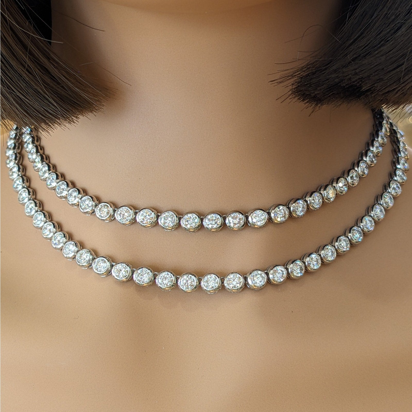 25.00 ctw Natural Diamond Bezel Set 32" Tennis Necklace 18k White Gold