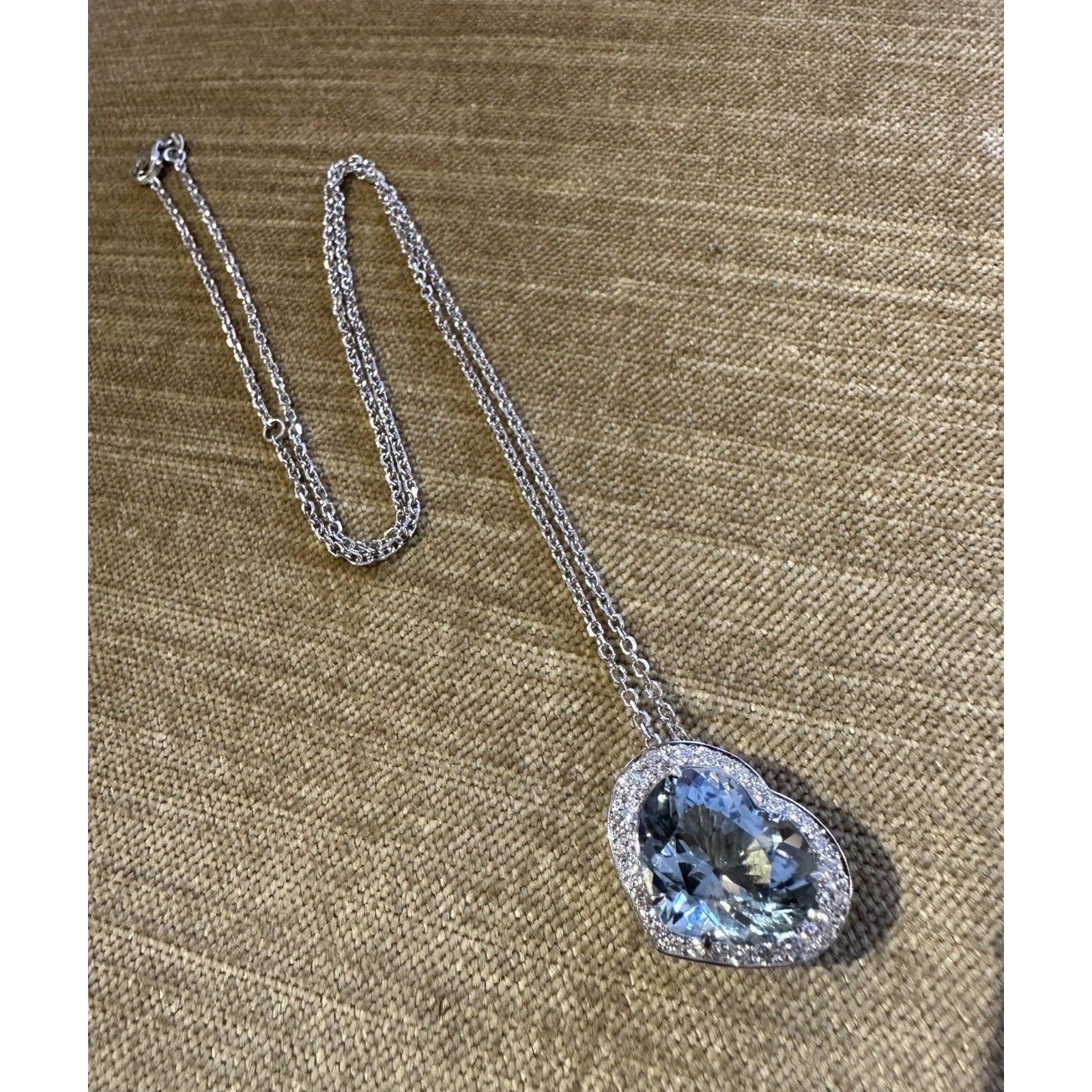 Heart Aquamarine & Diamond Halo Pendant Necklace Platinum & 14k Chain