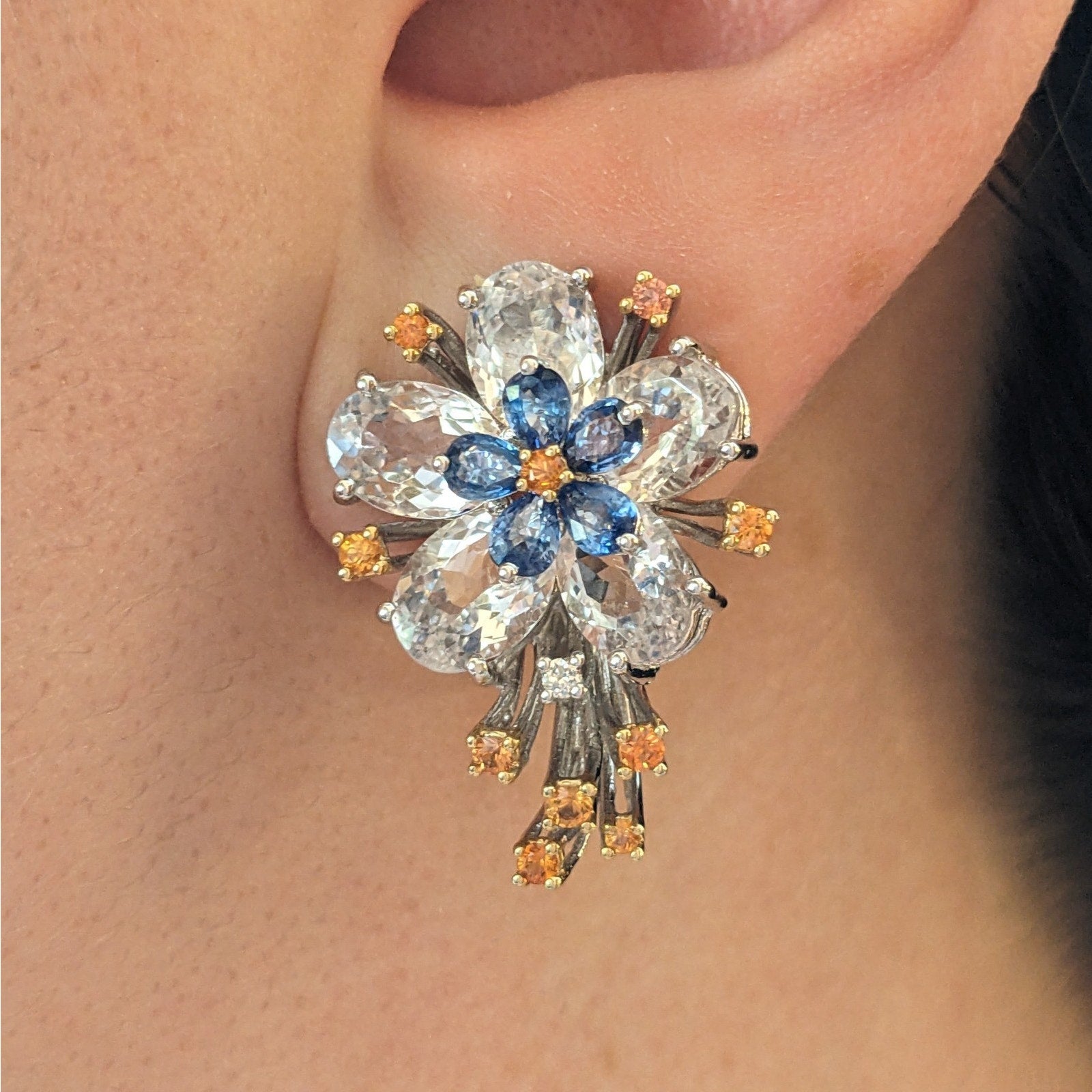 Flower Earrings with Sapphires and Gemstones in 18k White Gold