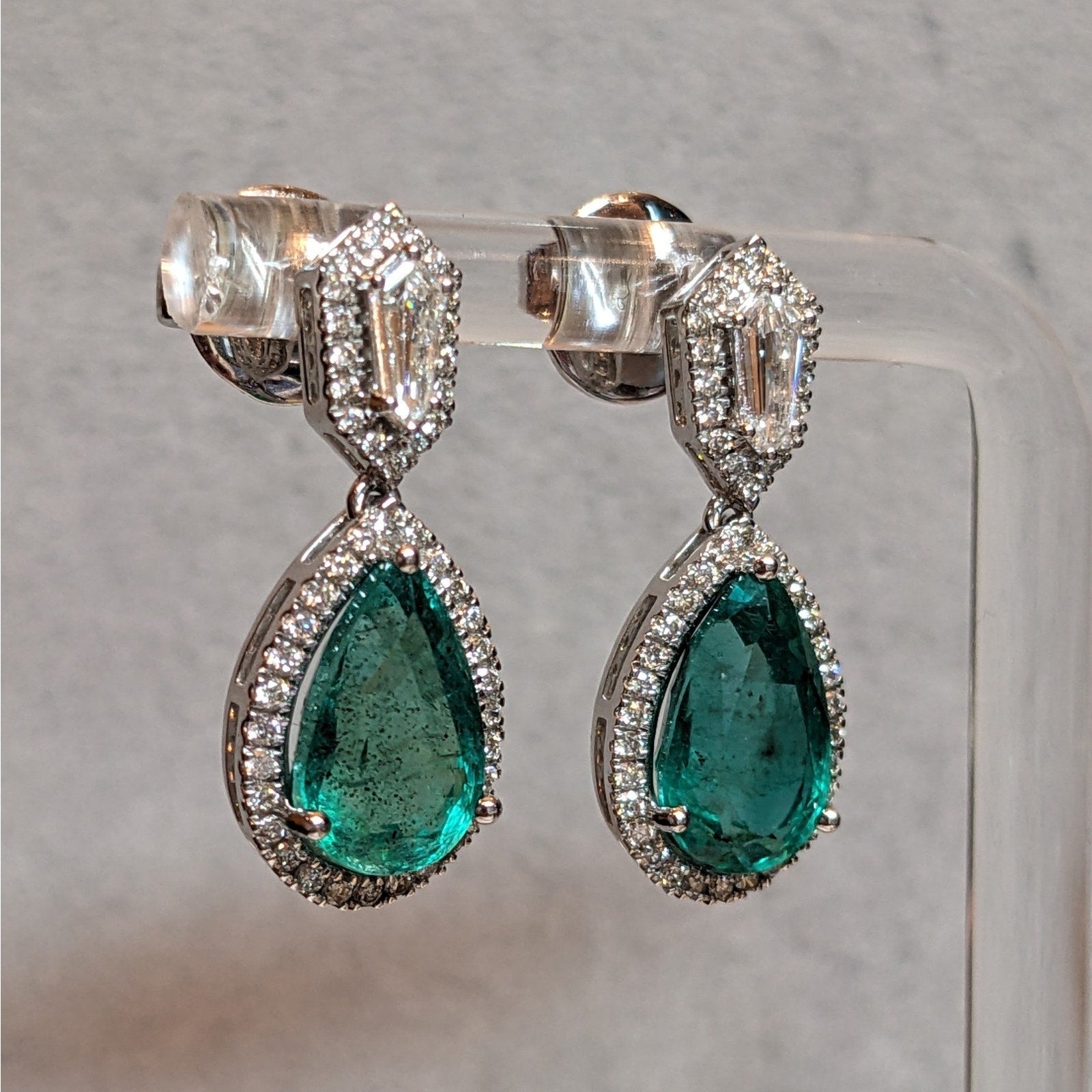 Pear Emerald and Diamond Drop Earrings in 18k White Gold