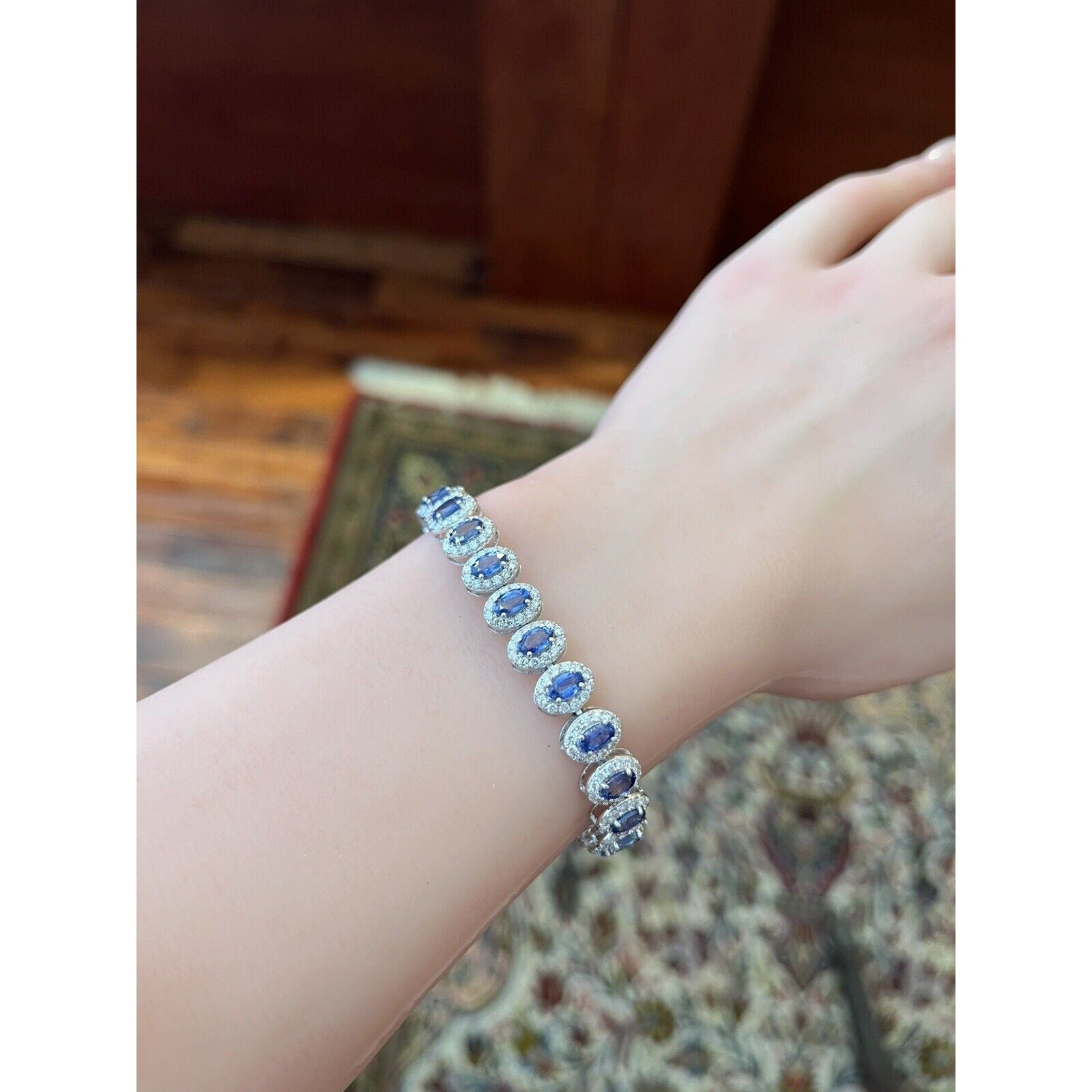 Natural Oval Sapphire and Diamond Halo Bracelet in 14k White Gold - HM2679BA